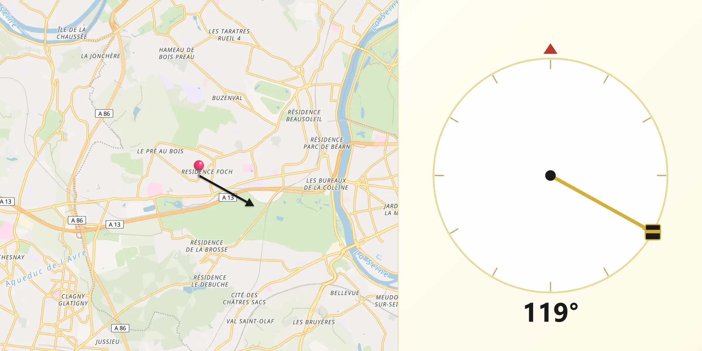 Direction vers la Qibla depuis Garches