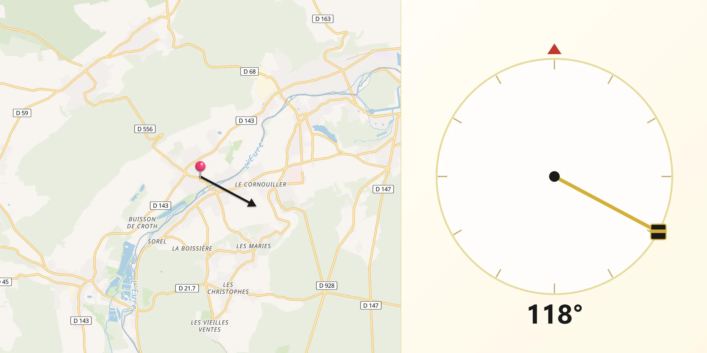 Direction vers la Qibla depuis Croth