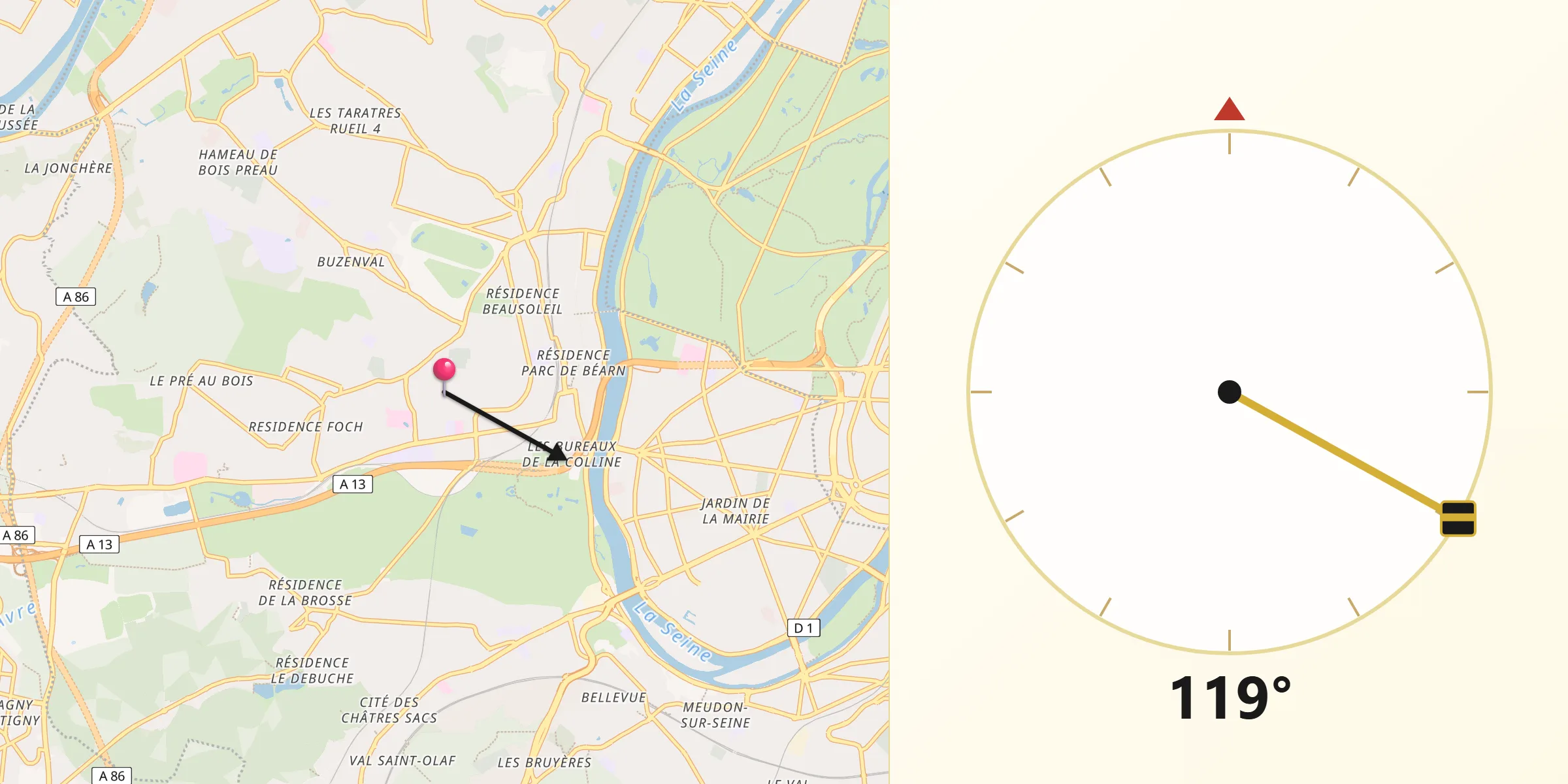 Direction vers la Qibla depuis Saint-Cloud