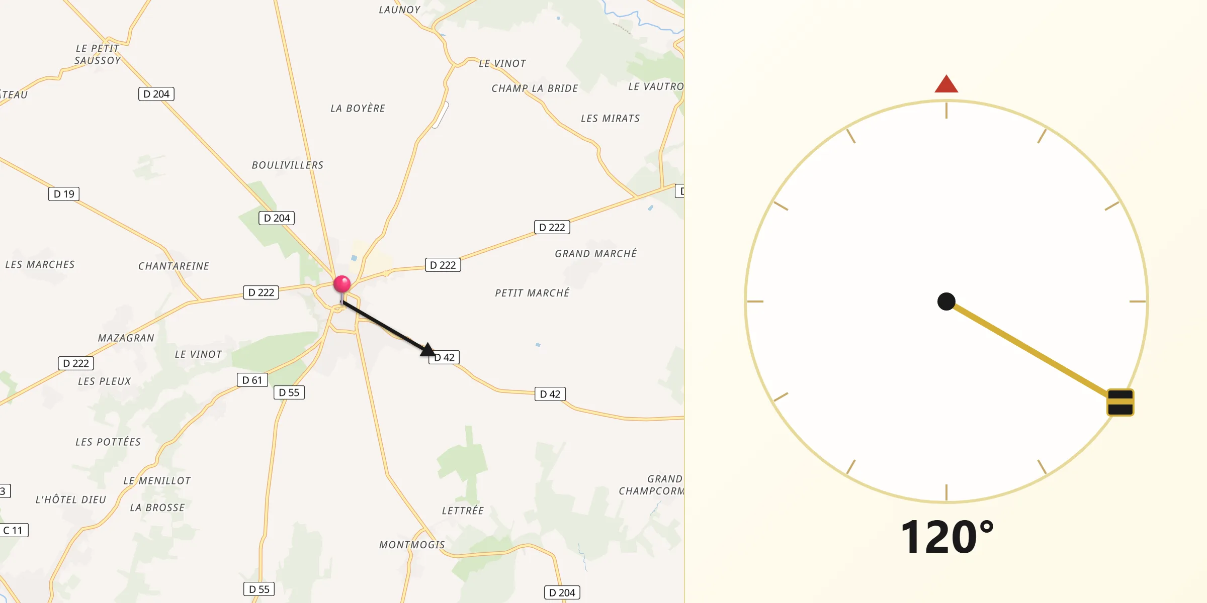 Direction vers la Qibla depuis Rebais