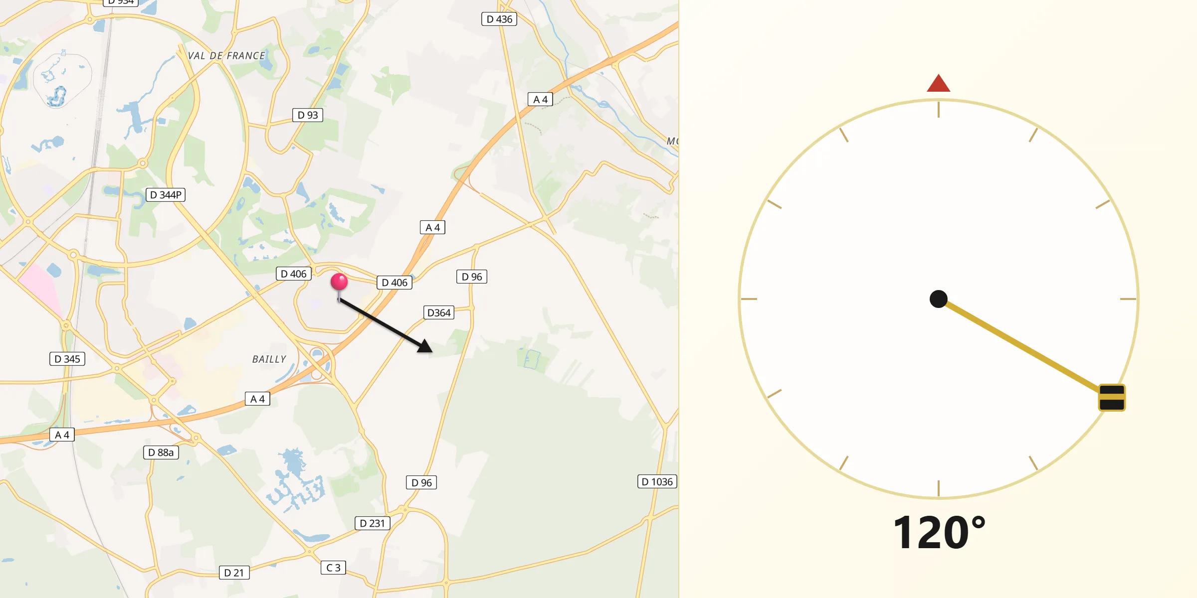 Direction vers la Qibla depuis Bailly-Romainvilliers
