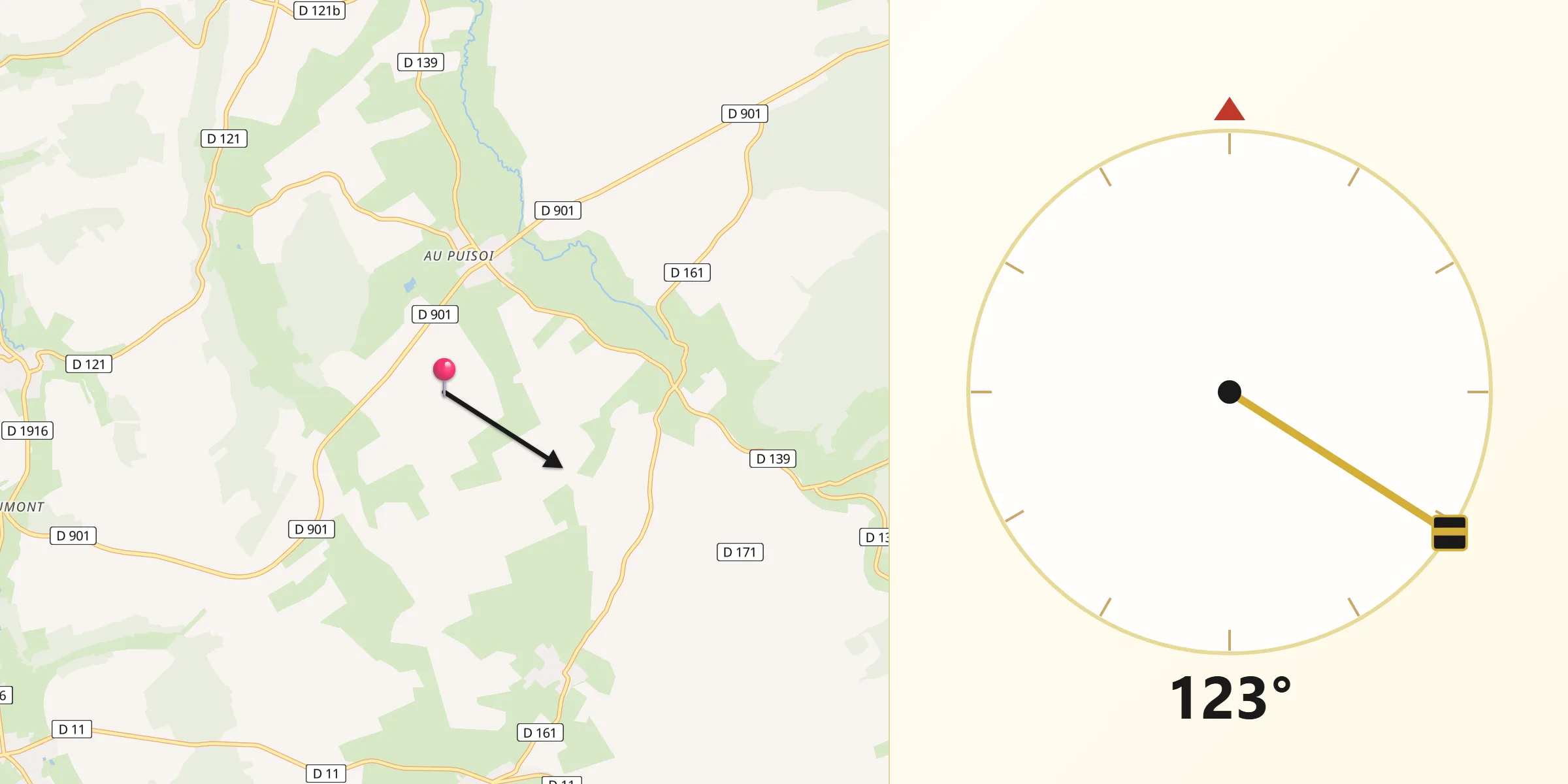 Direction vers la Qibla depuis Gimécourt