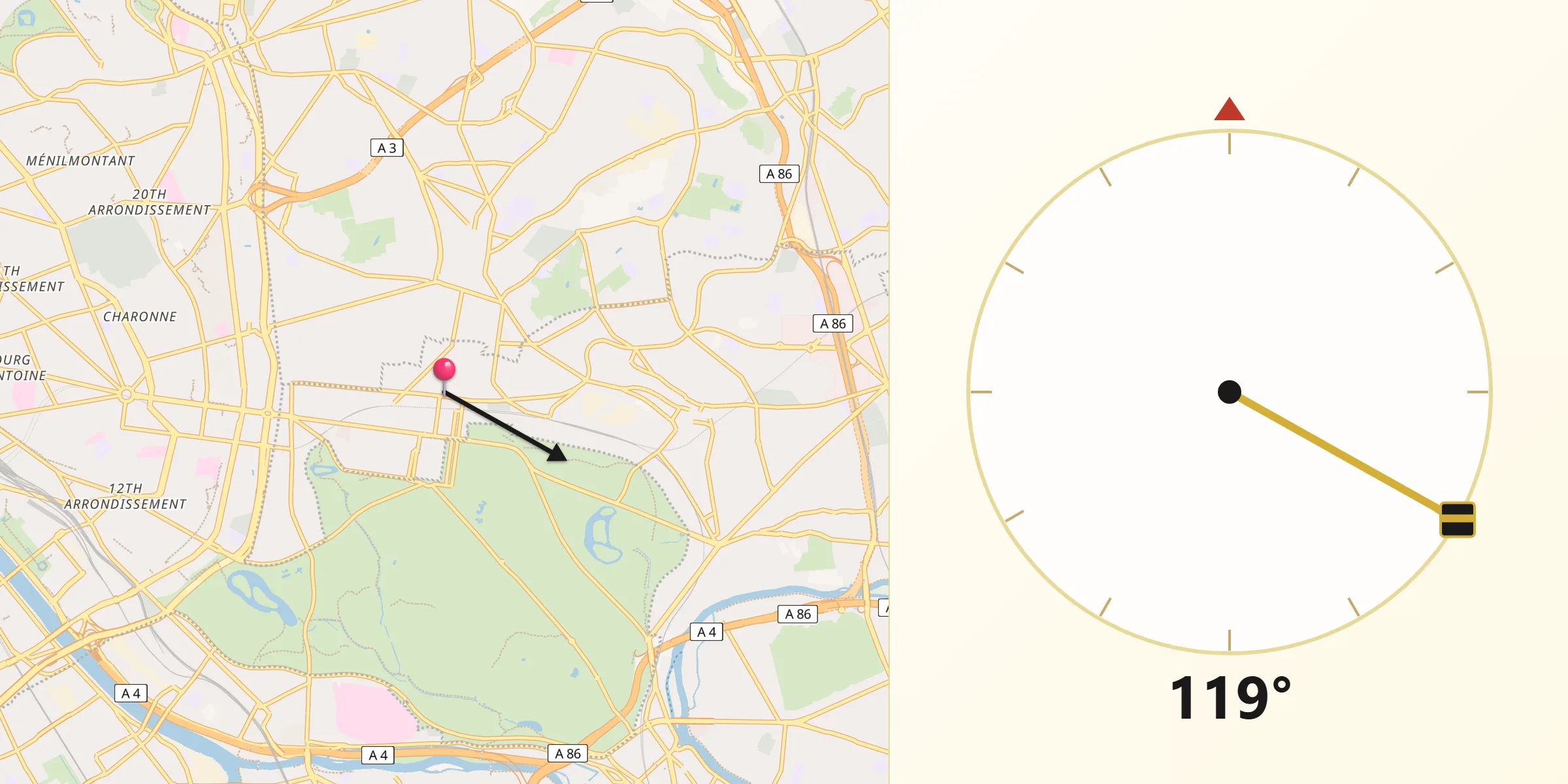 Direction vers la Qibla depuis Vincennes