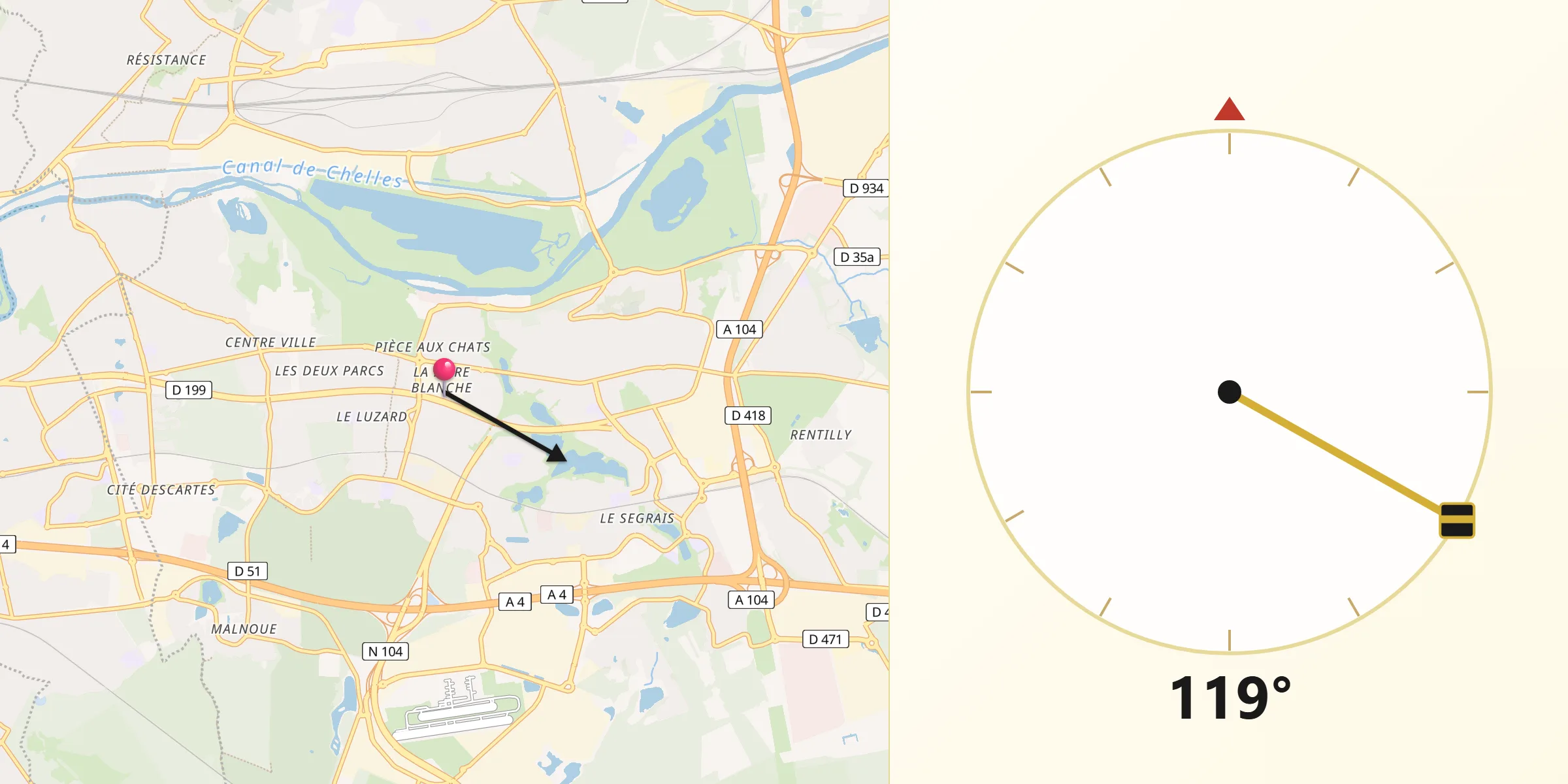 Direction vers la Qibla depuis Noisiel