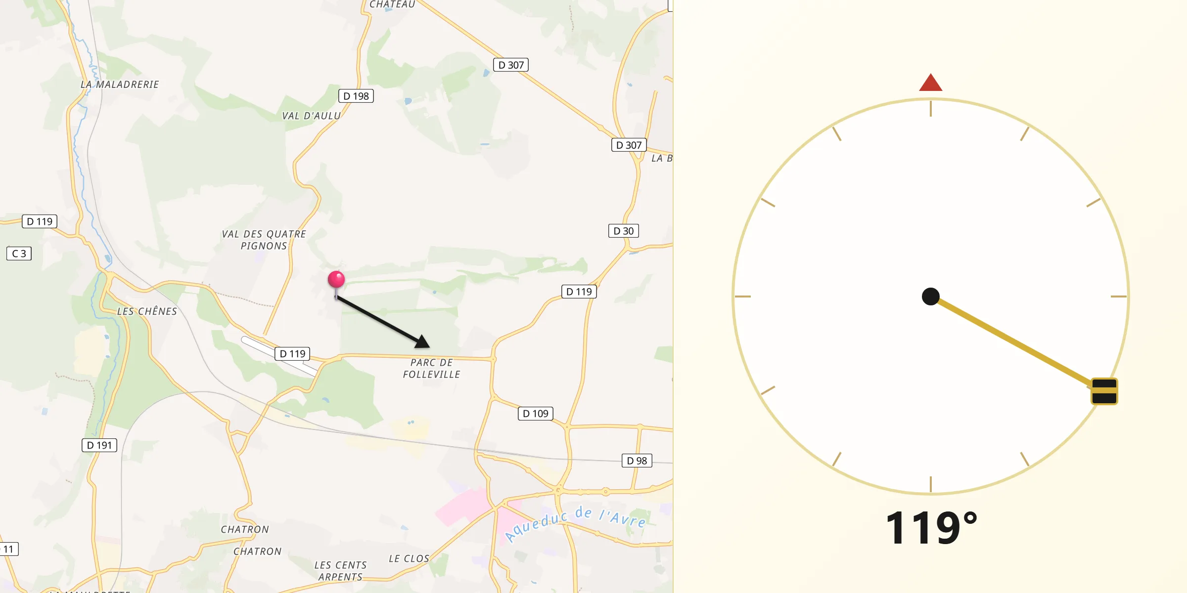 Direction vers la Qibla depuis Thiverval-Grignon