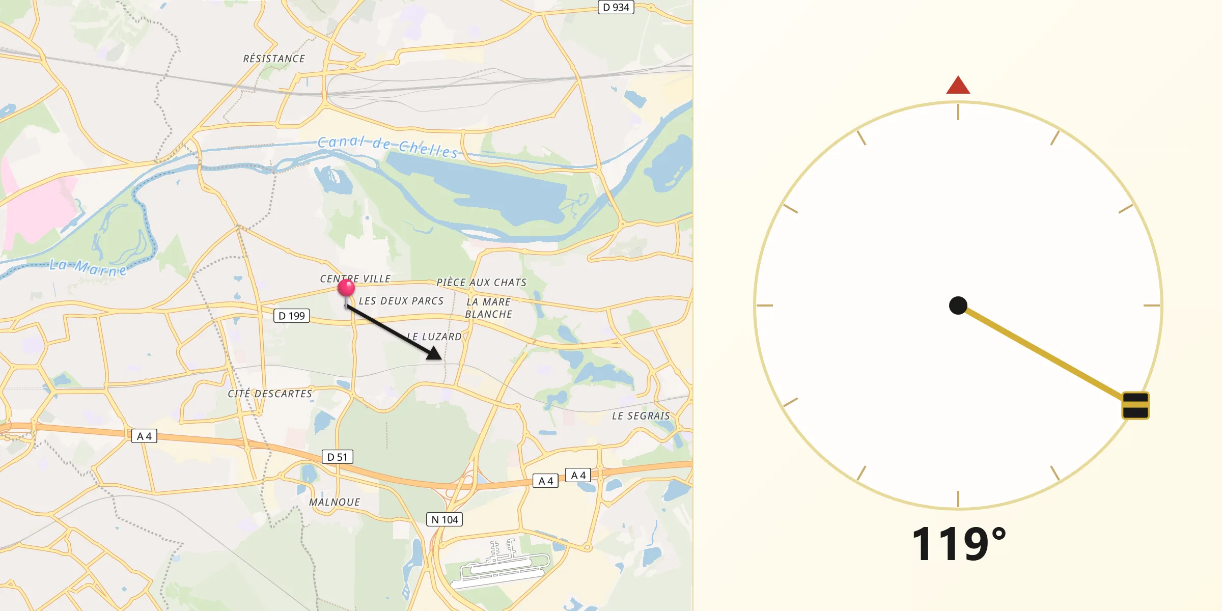 Direction vers la Qibla depuis Champs-sur-Marne