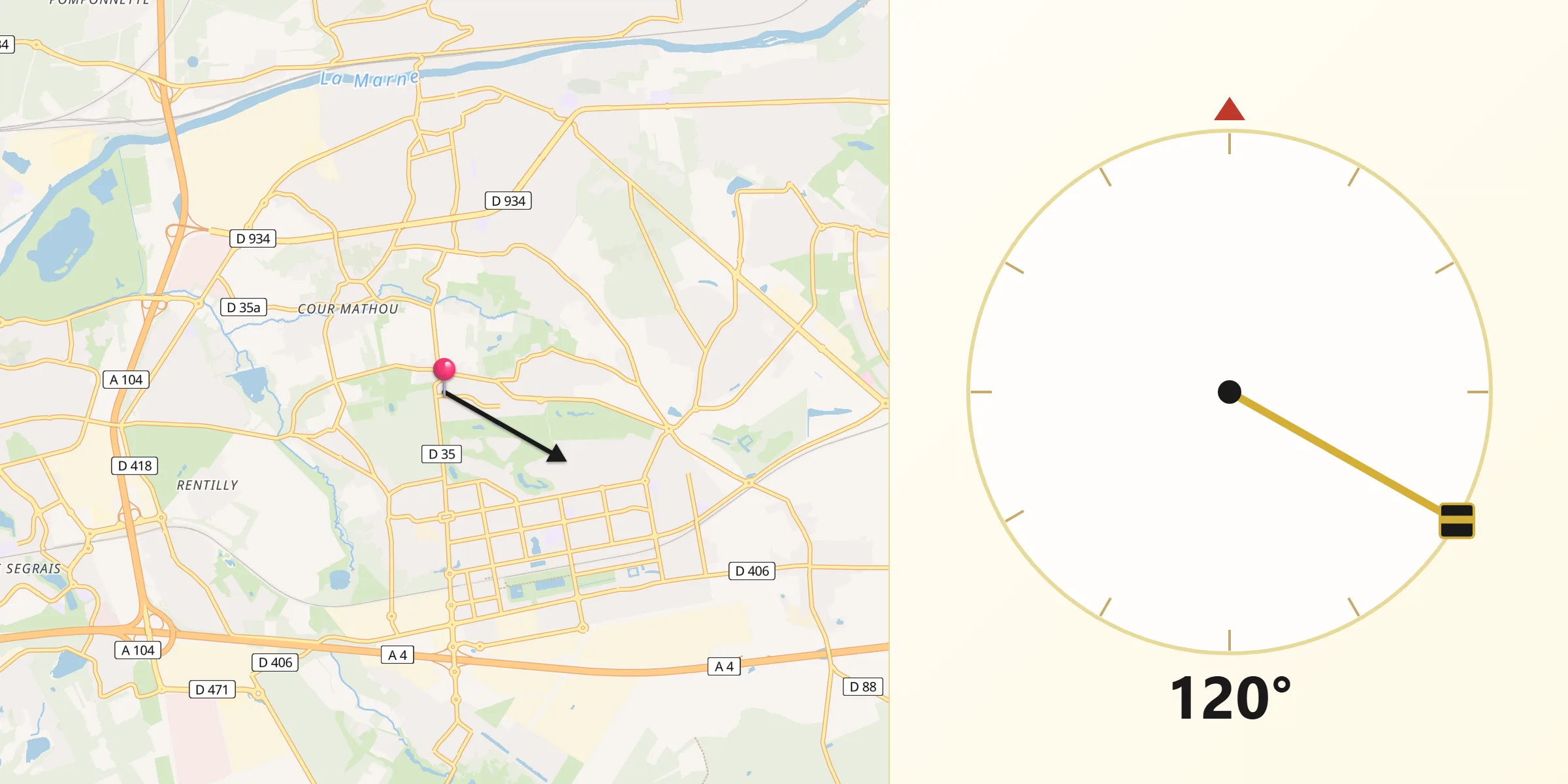 Direction vers la Qibla depuis Guermantes