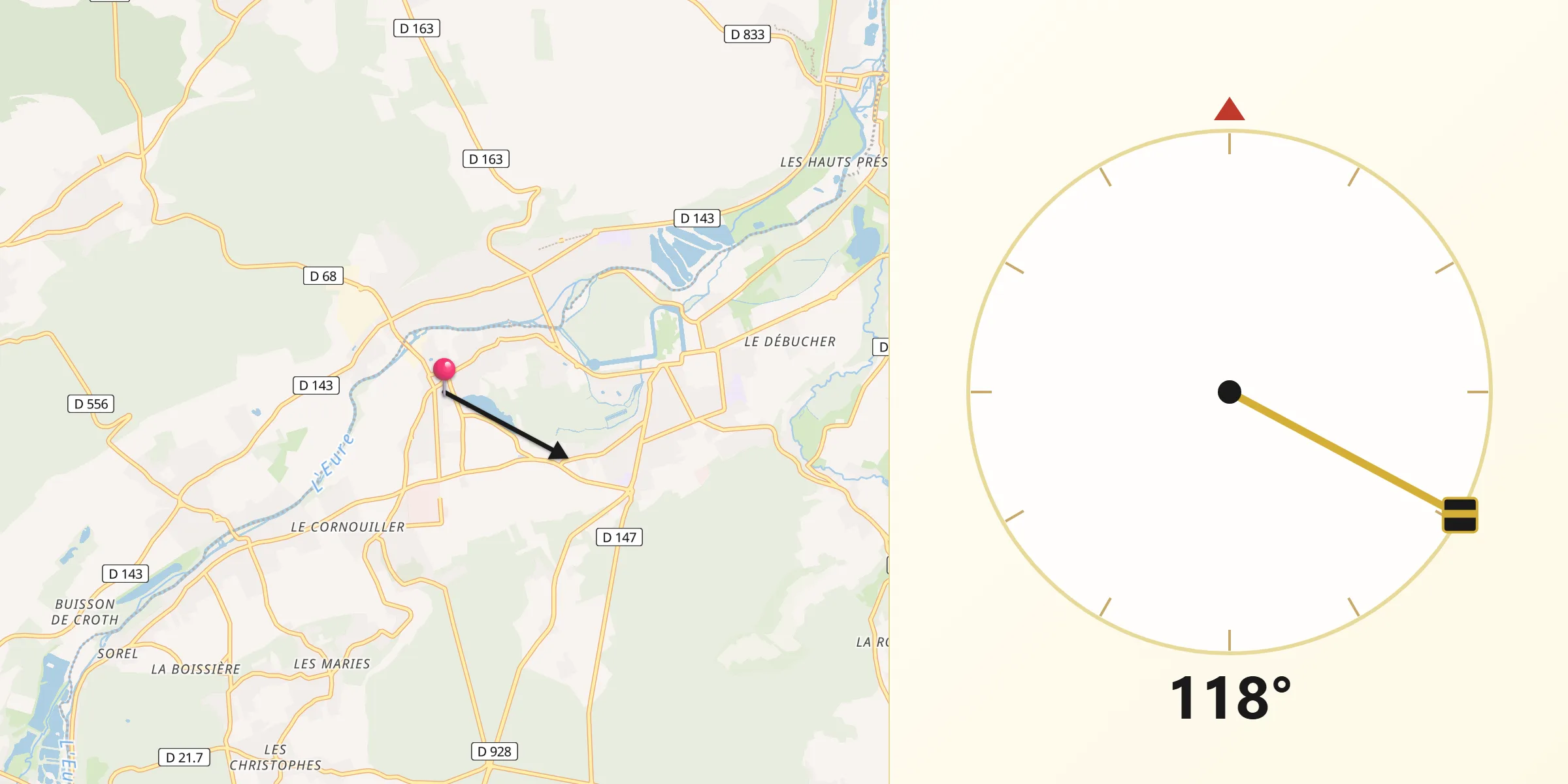 Direction vers la Qibla depuis Saussay