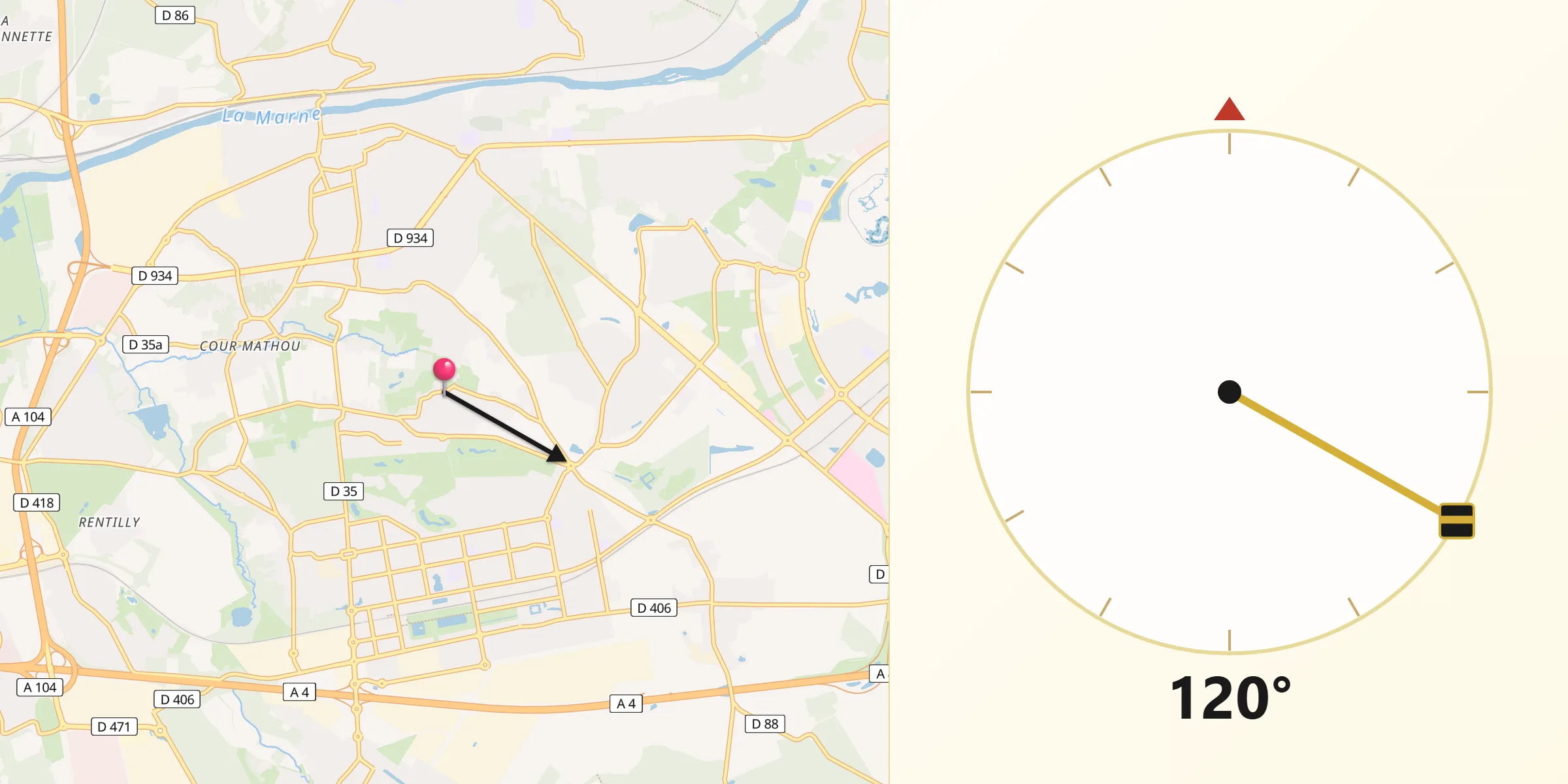 Direction vers la Qibla depuis Conches-sur-Gondoire