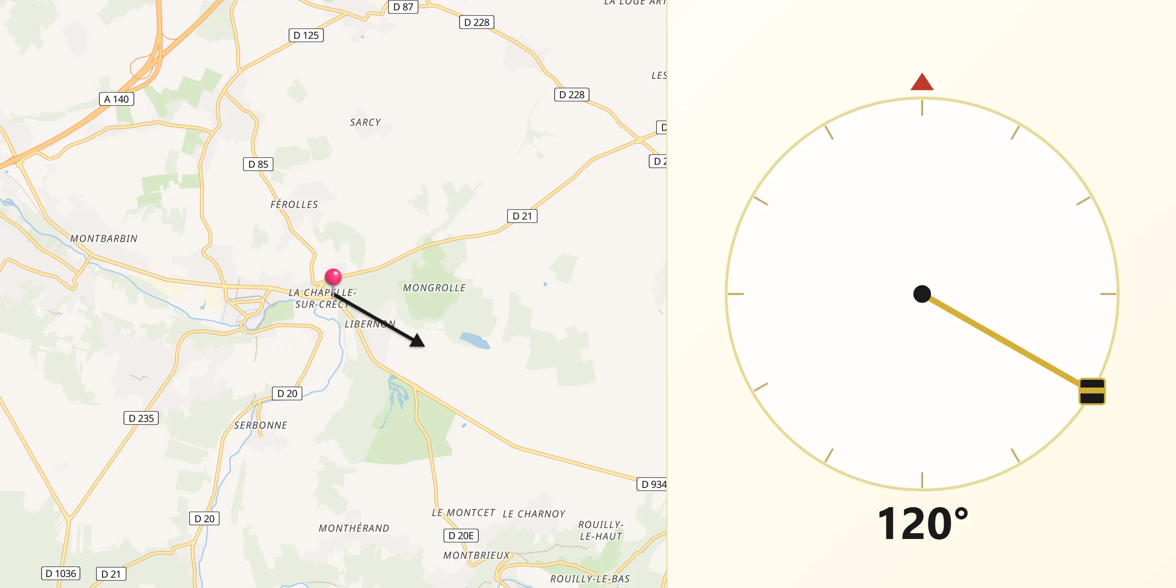 Direction vers la Qibla depuis La Chapelle-sur-Crécy