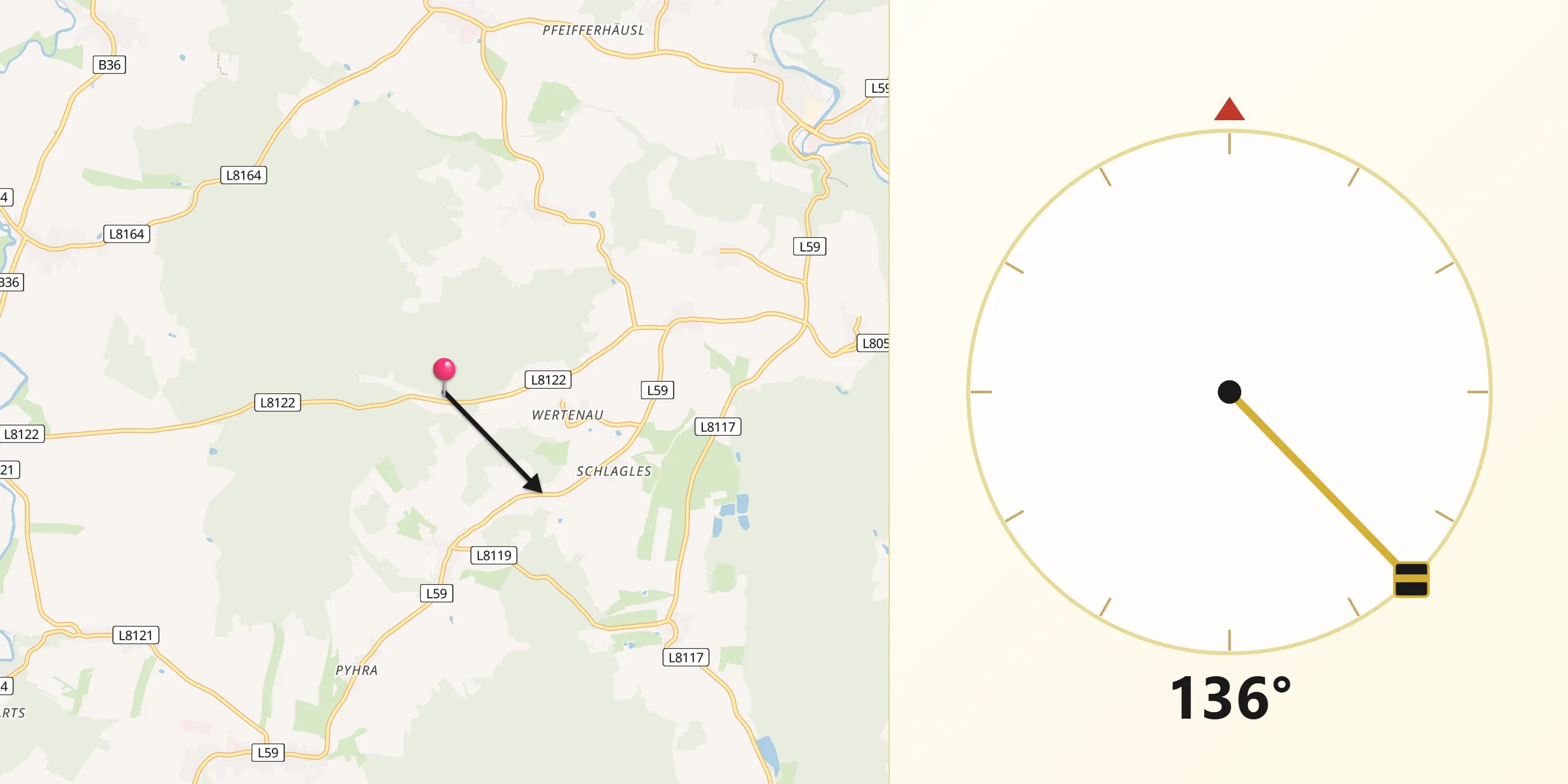Qibla-Richtung von Politischer Bezirk Waidhofen an der Thaya