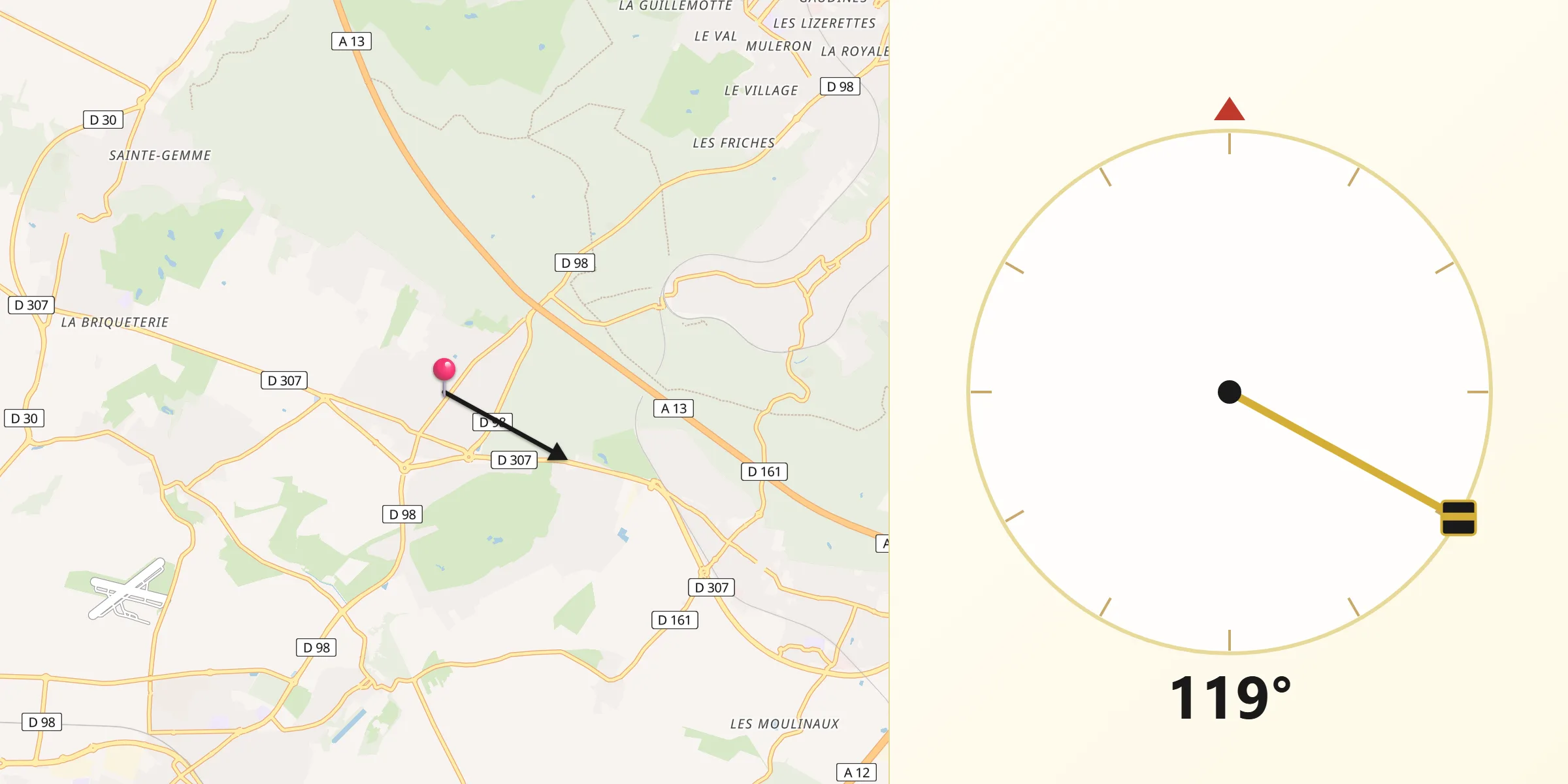Direction vers la Qibla depuis Saint-Nom-la-Bretêche