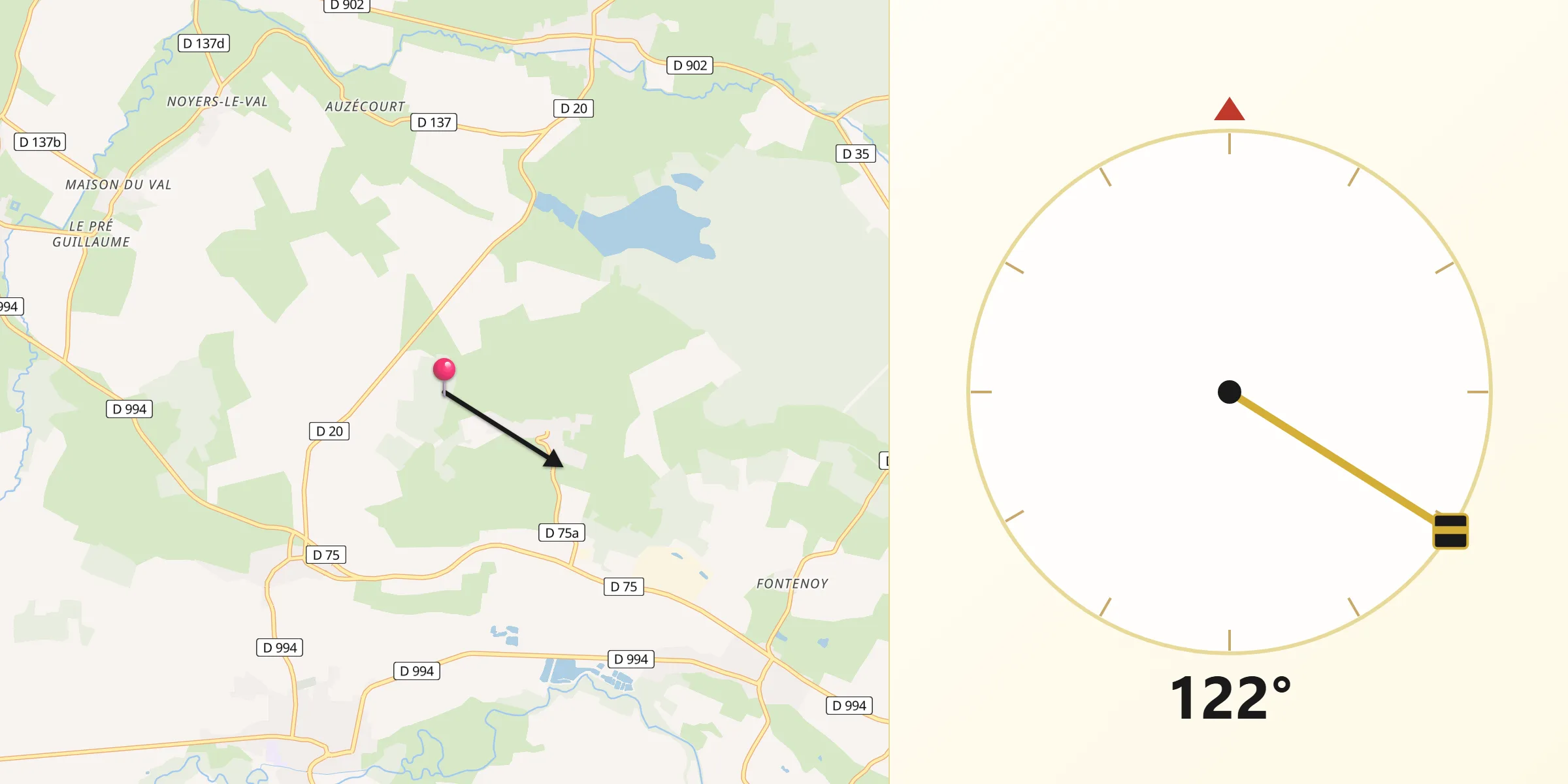 Direction vers la Qibla depuis Villers-aux-Vents