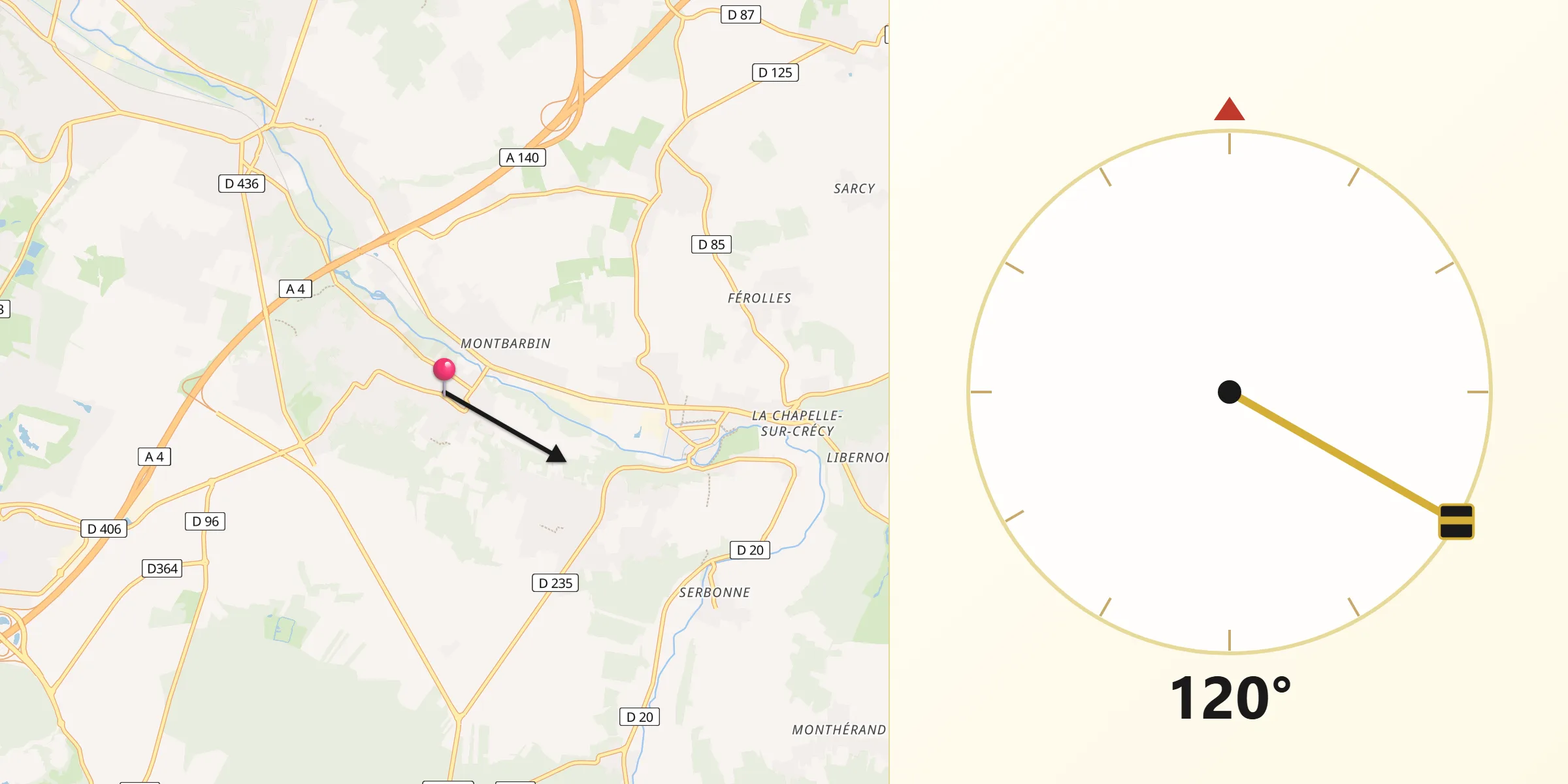 Direction vers la Qibla depuis Villiers-sur-Morin