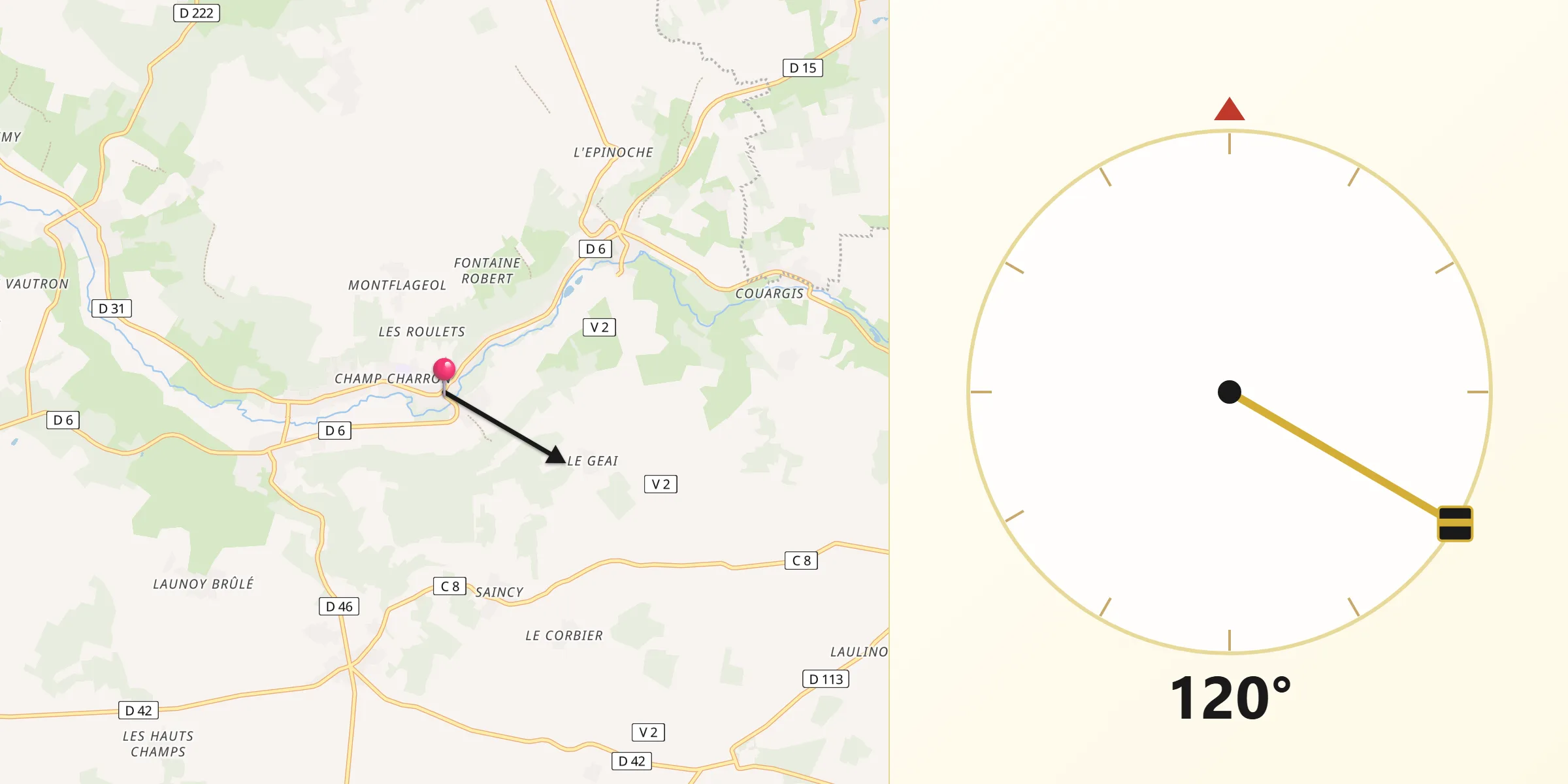 Direction vers la Qibla depuis Villeneuve-sur-Bellot