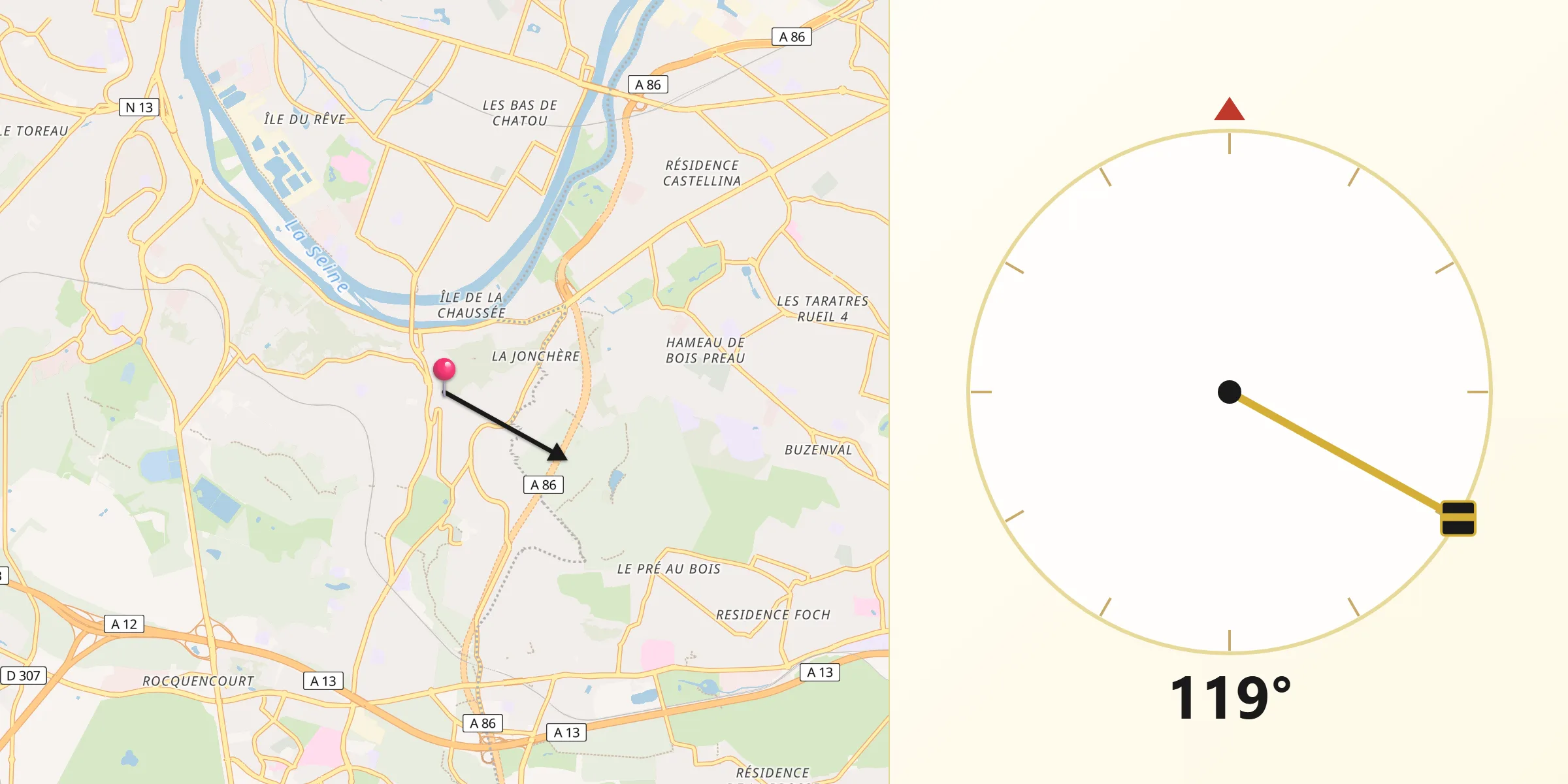 Direction vers la Qibla depuis Bougival