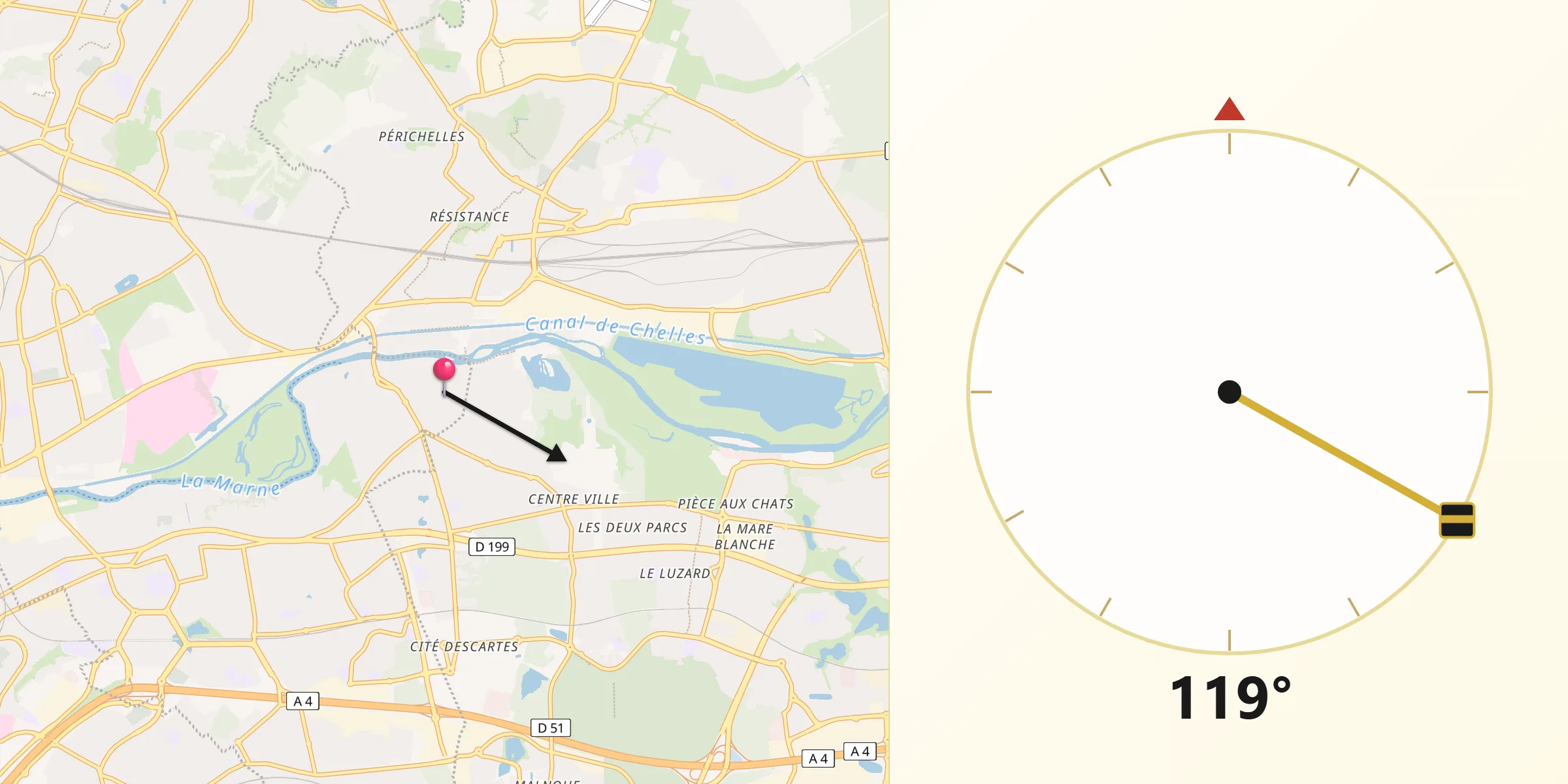 Direction vers la Qibla depuis Gournay-sur-Marne