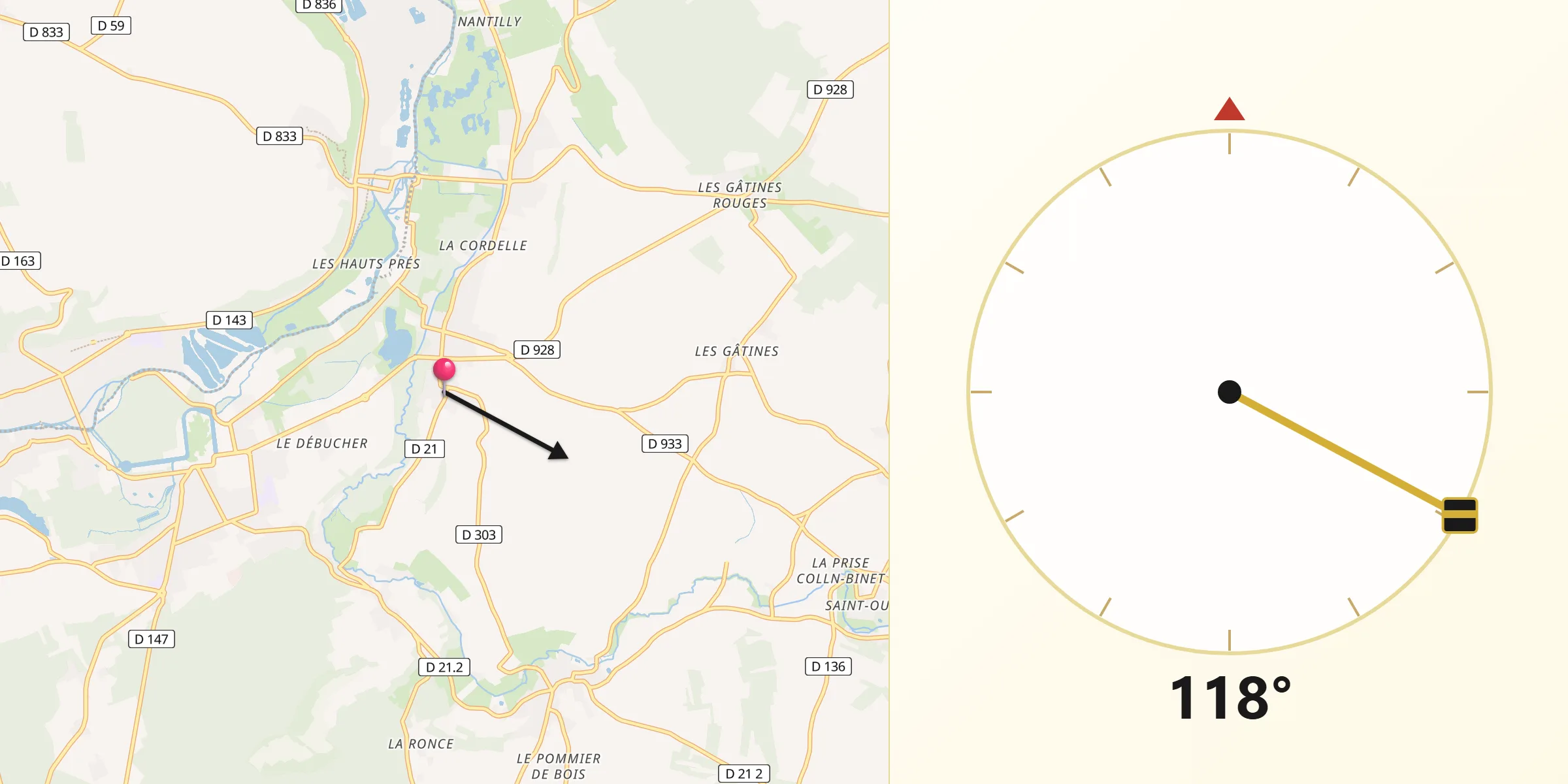 Direction vers la Qibla depuis Oulins