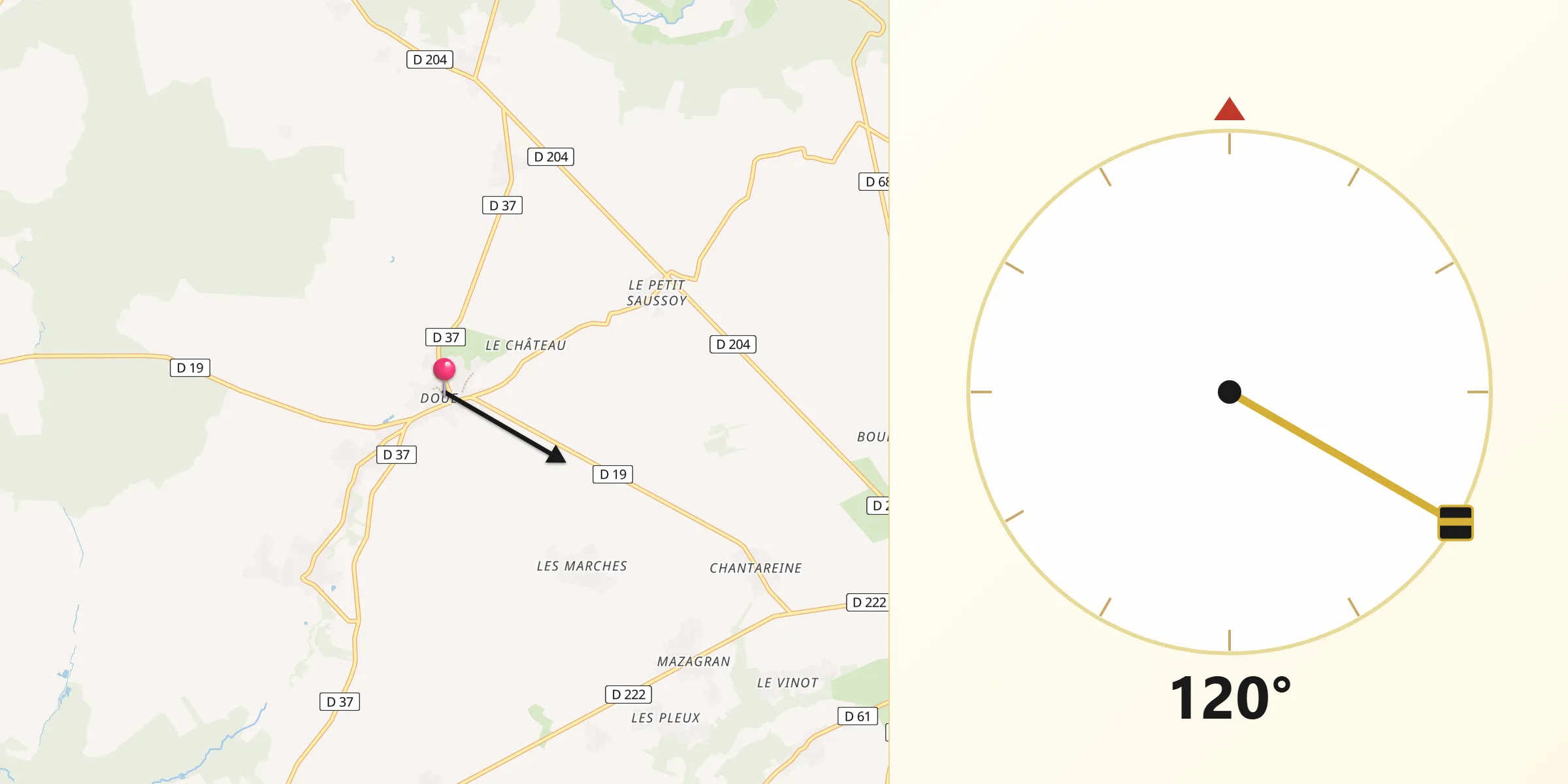 Direction vers la Qibla depuis Doue