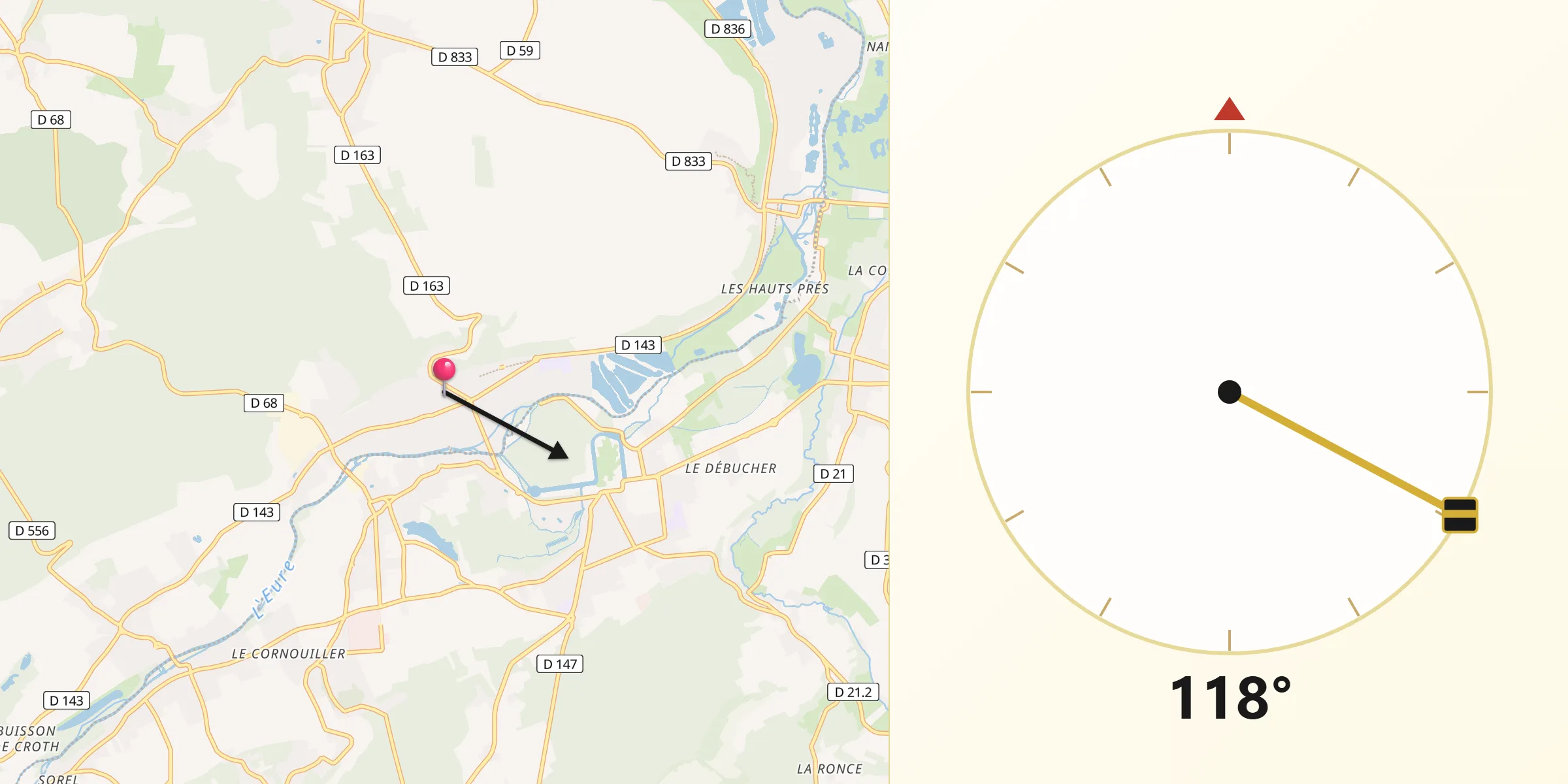 Direction vers la Qibla depuis Ézy-sur-Eure