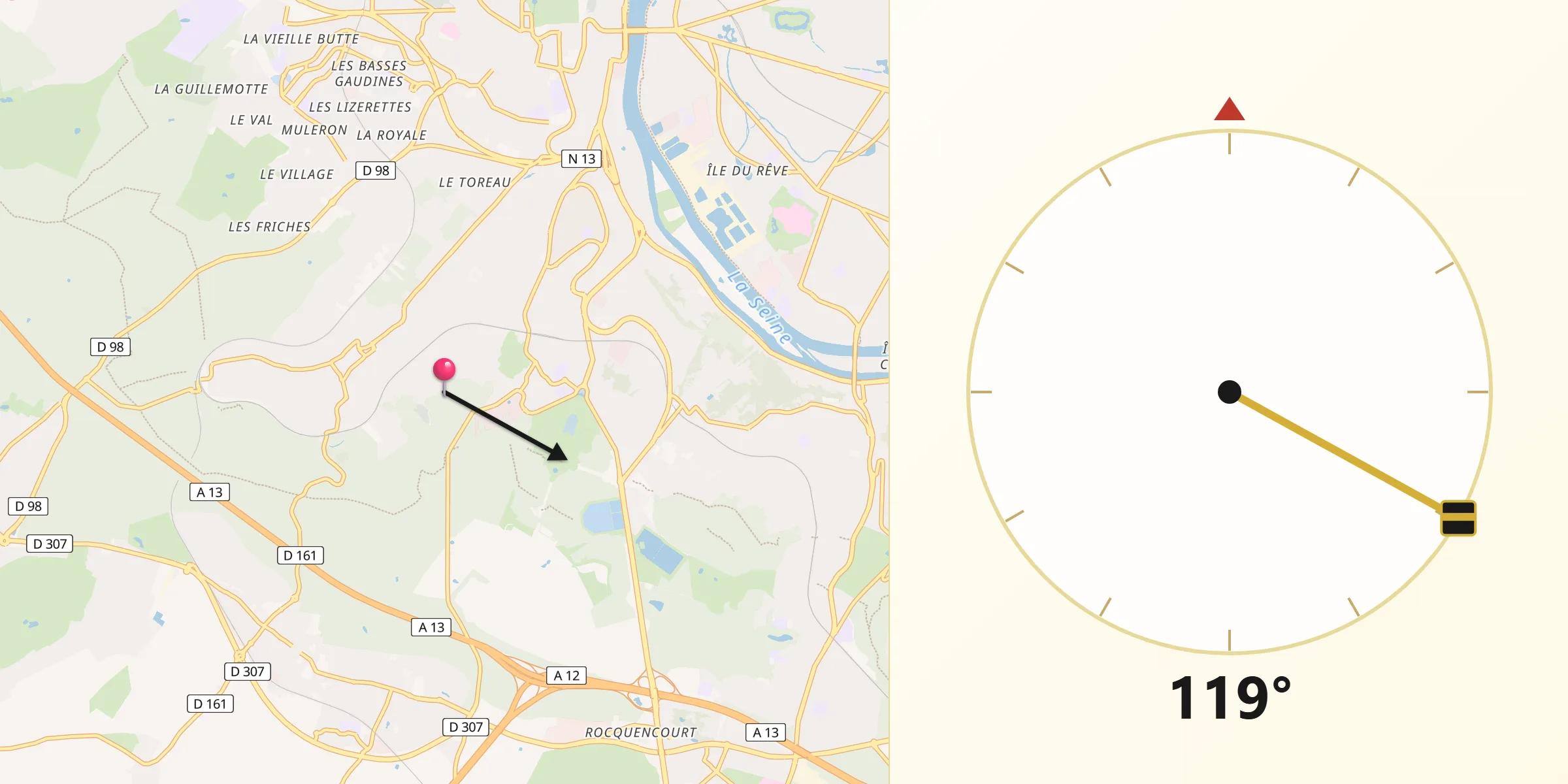 Direction vers la Qibla depuis Marly-le-Roi