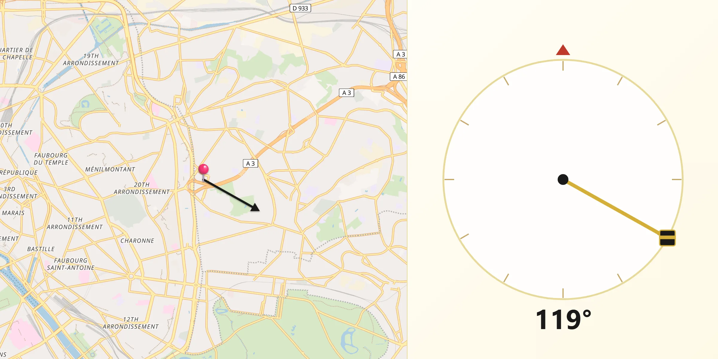 Direction vers la Qibla depuis Bagnolet
