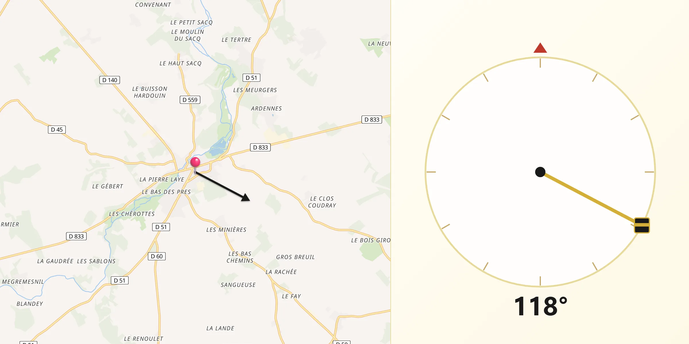 Direction vers la Qibla depuis Damville