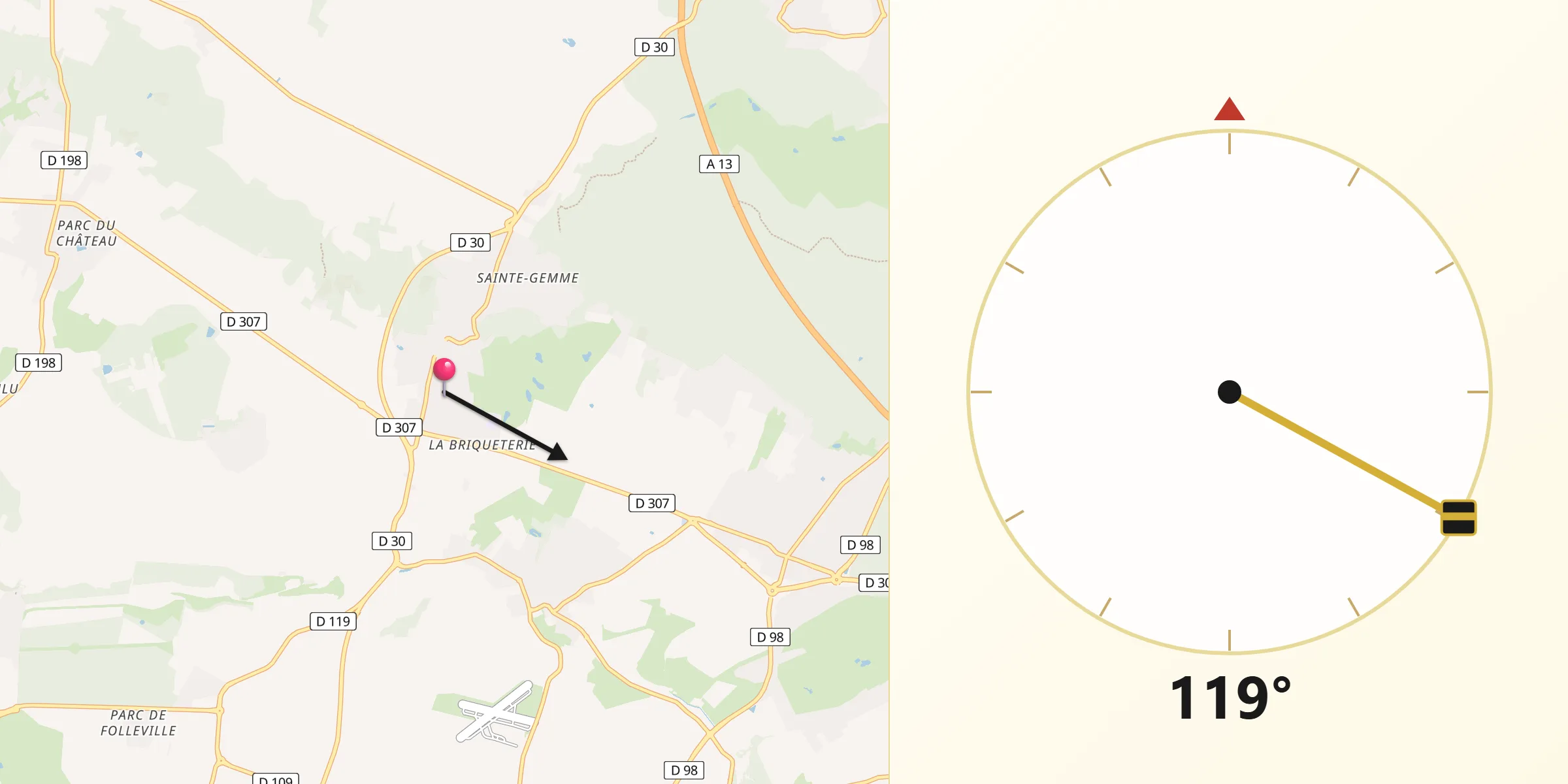 Direction vers la Qibla depuis Feucherolles
