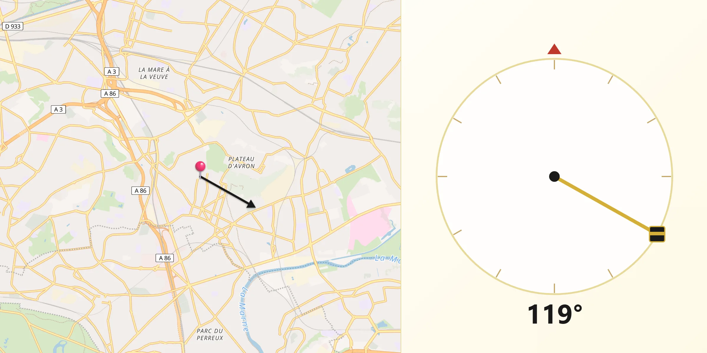 Direction vers la Qibla depuis Rosny-sous-Bois
