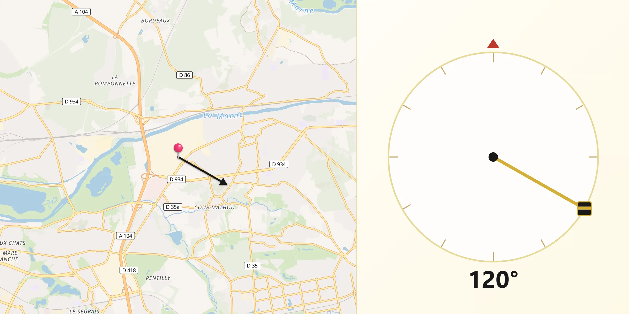 Direction vers la Qibla depuis Saint-Thibault-des-Vignes