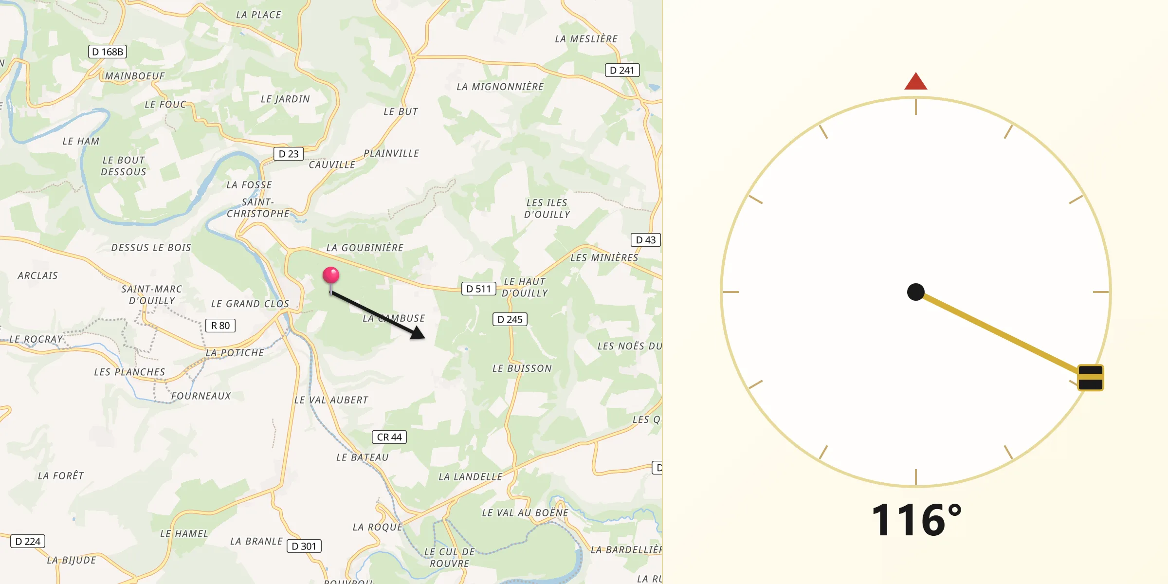 Direction vers la Qibla depuis Pont-d'Ouilly