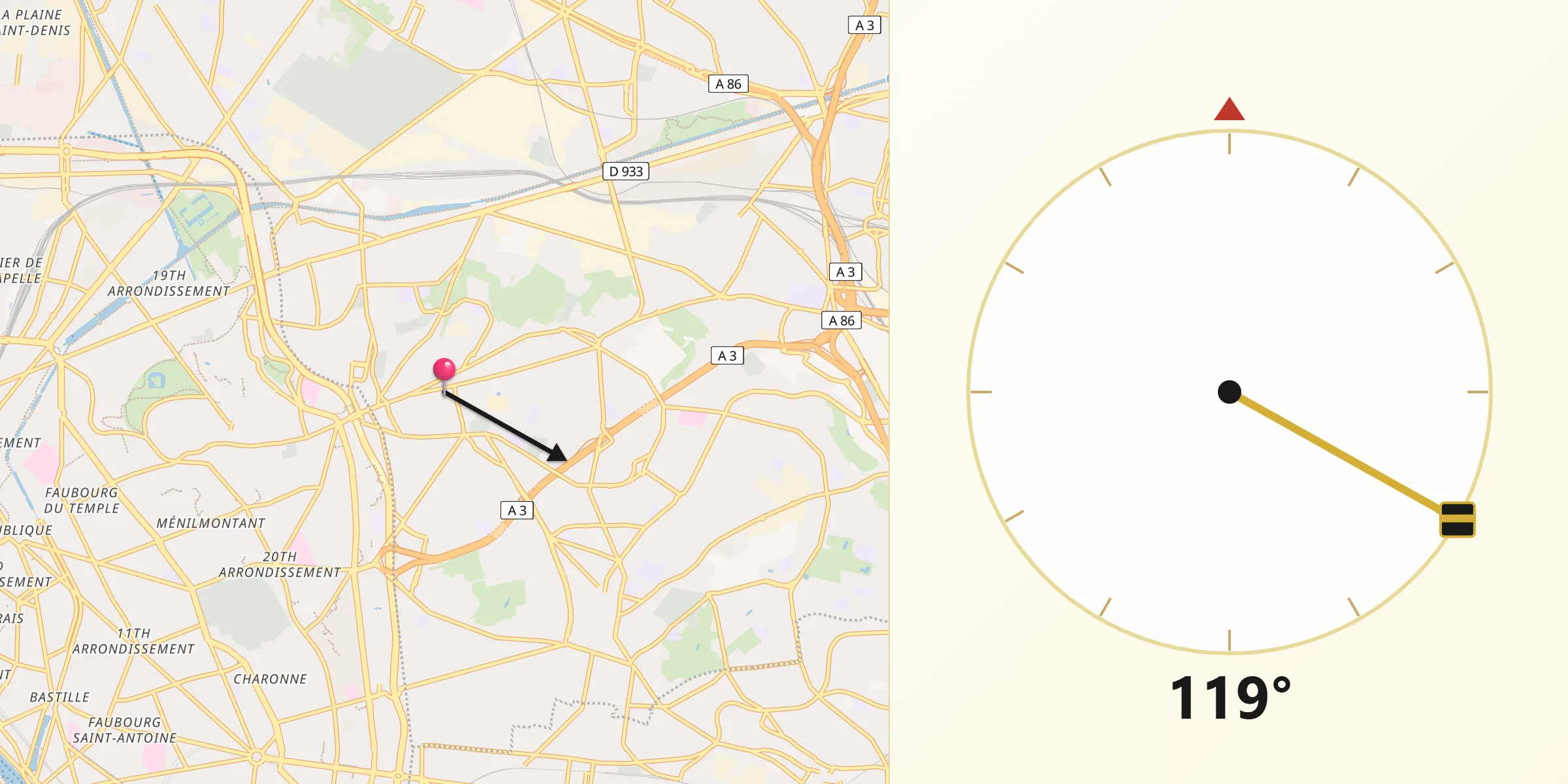 Direction vers la Qibla depuis Les Lilas