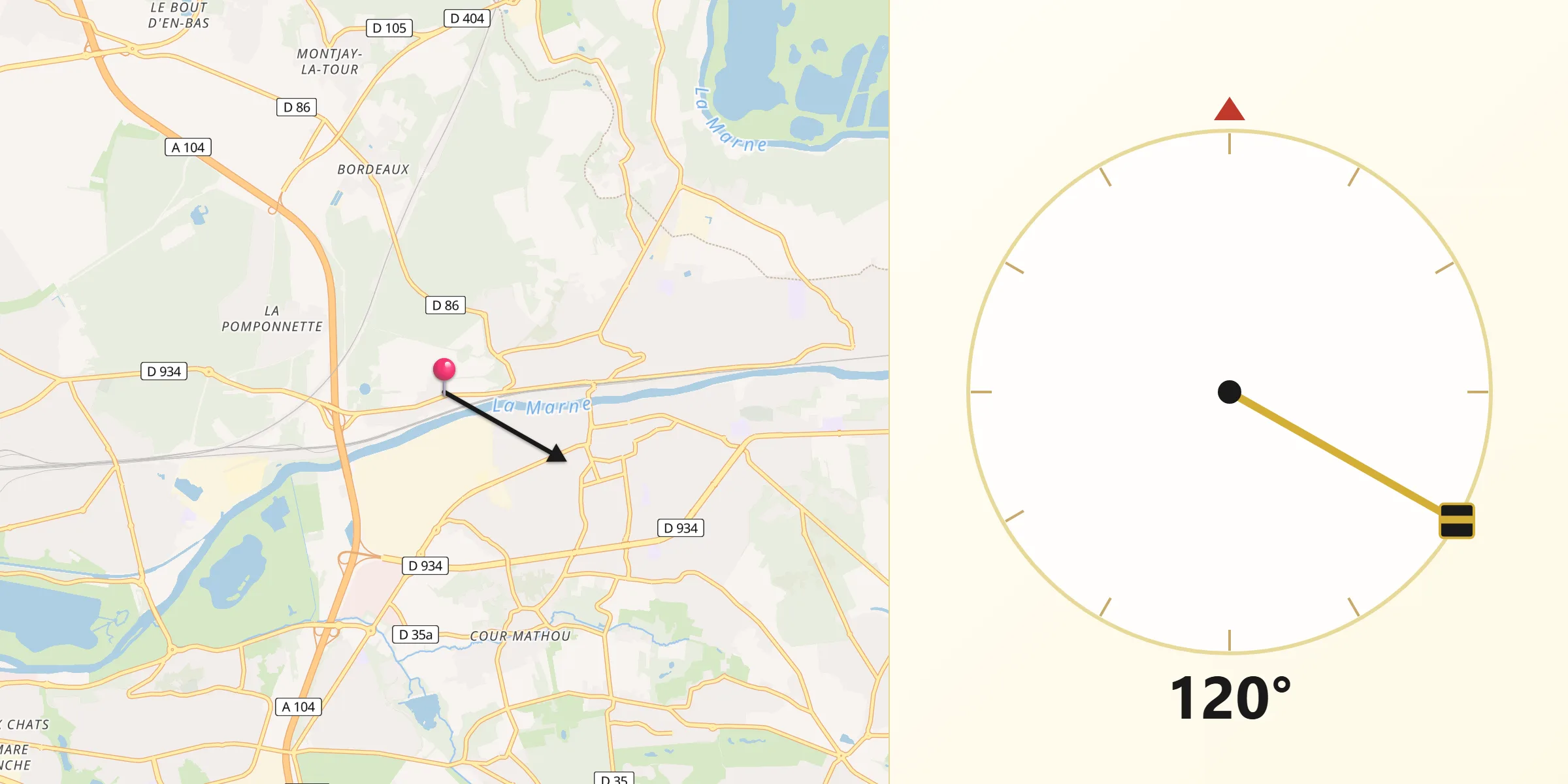 Direction vers la Qibla depuis Pomponne