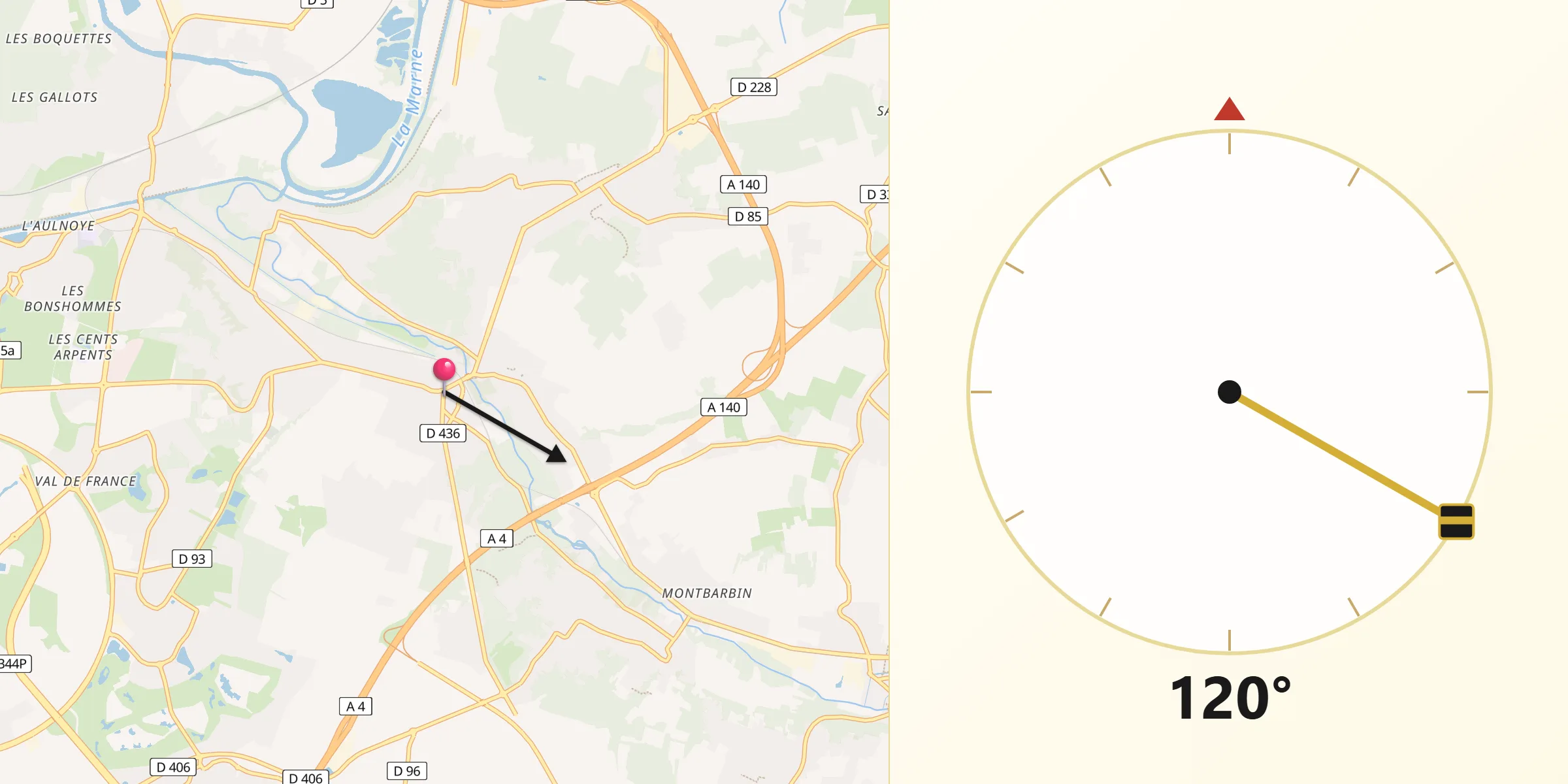 Direction vers la Qibla depuis Saint-Germain-sur-Morin