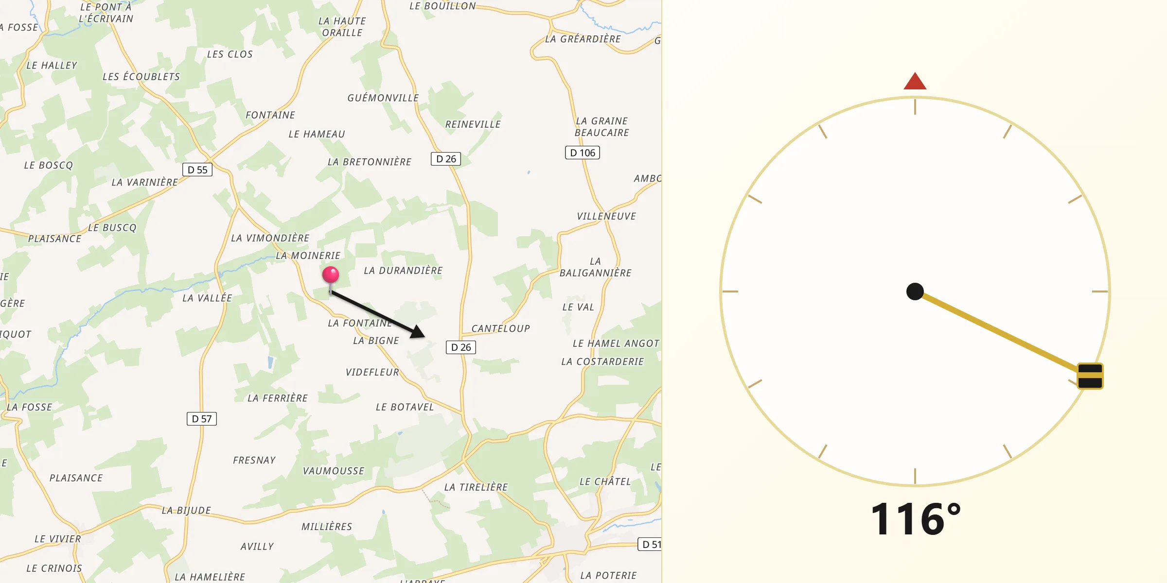 Direction vers la Qibla depuis Le Theil-Bocage