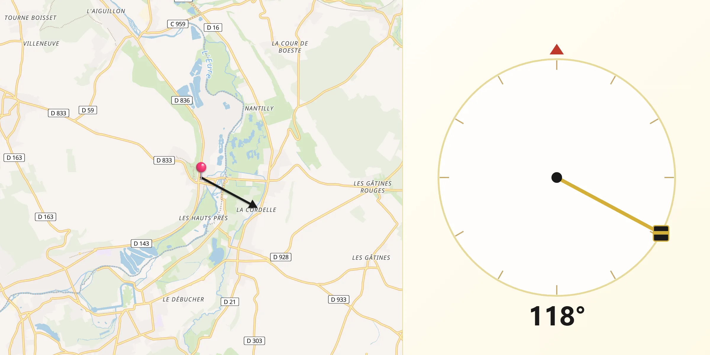Direction vers la Qibla depuis Ivry-la-Bataille