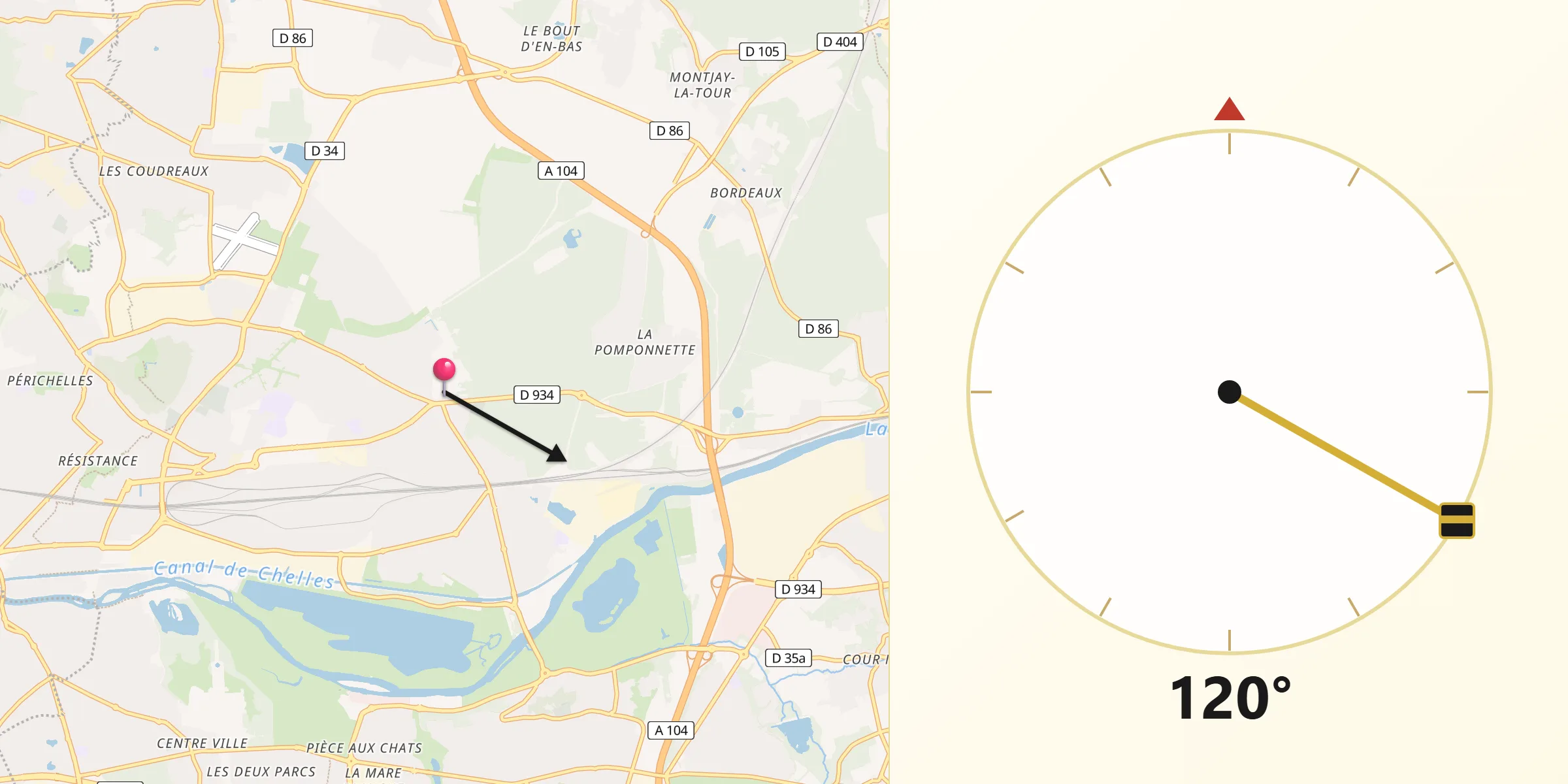 Direction vers la Qibla depuis Brou-sur-Chantereine