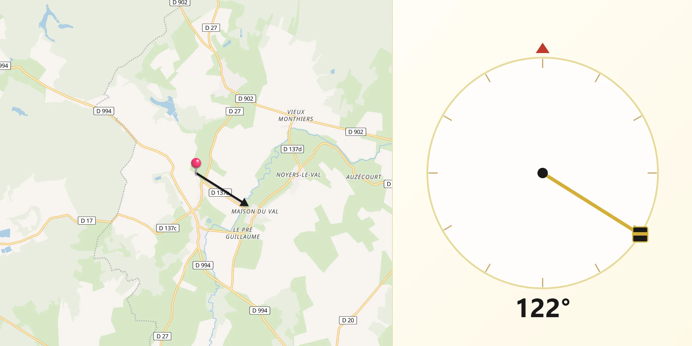 Direction vers la Qibla depuis Noyers-Auzécourt