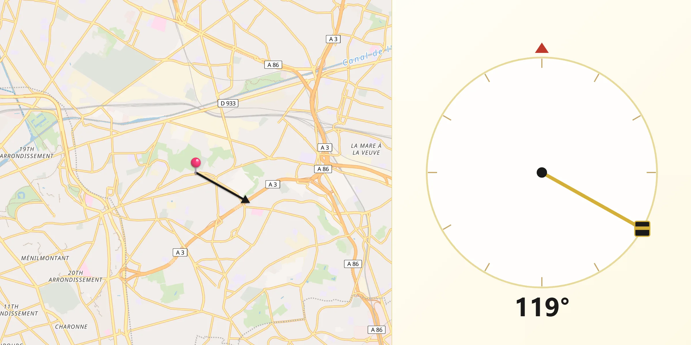 Direction vers la Qibla depuis Romainville