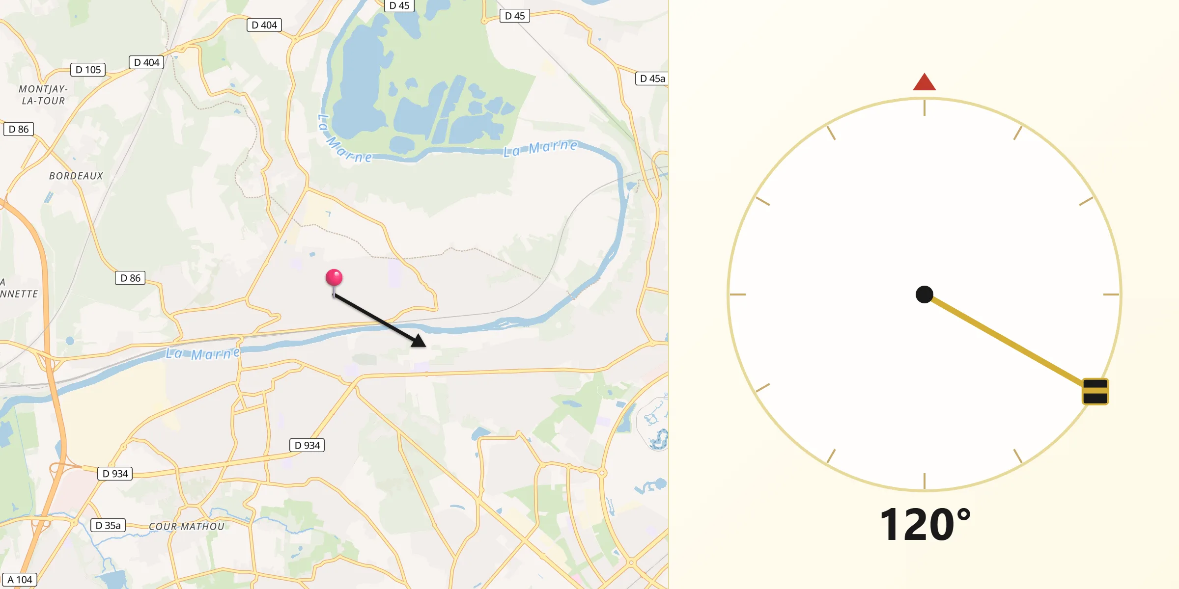 Direction vers la Qibla depuis Thorigny-sur-Marne