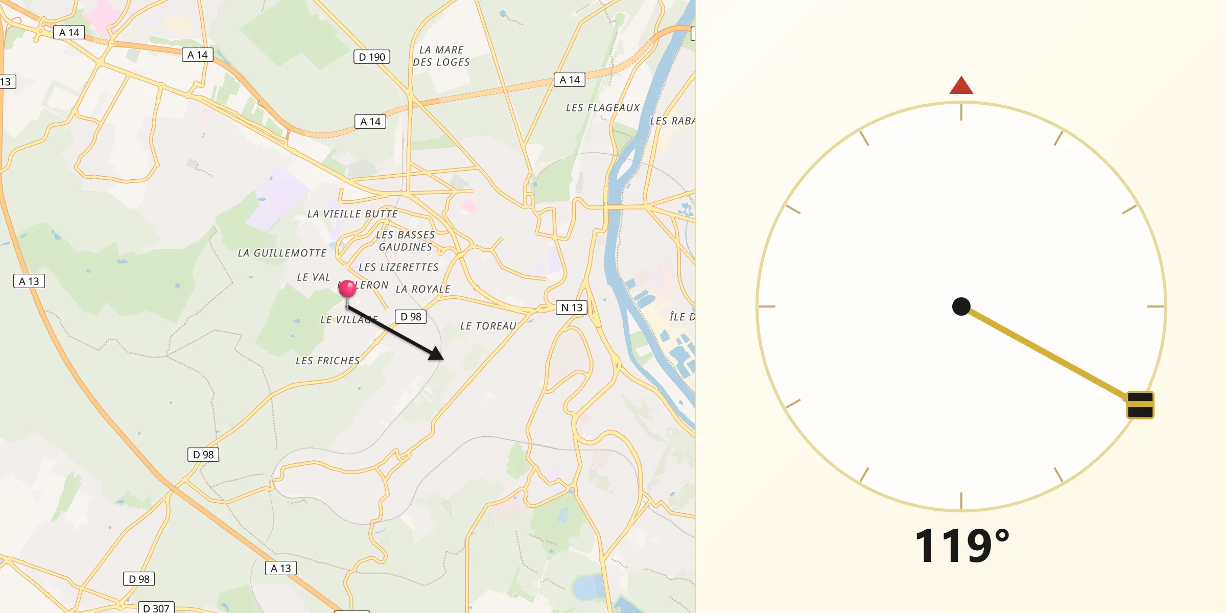 Direction vers la Qibla depuis Fourqueux