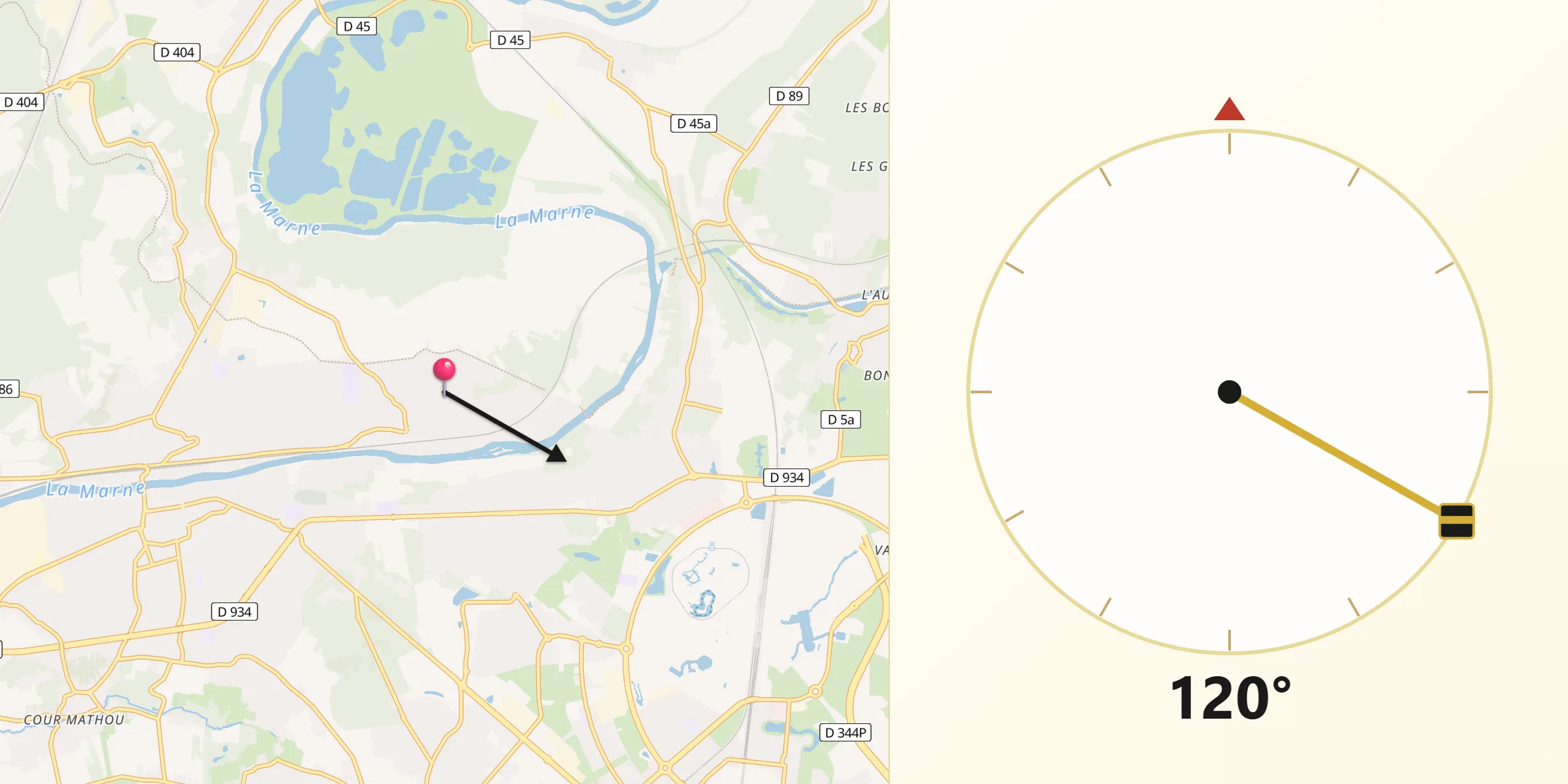 Direction vers la Qibla depuis Dampmart