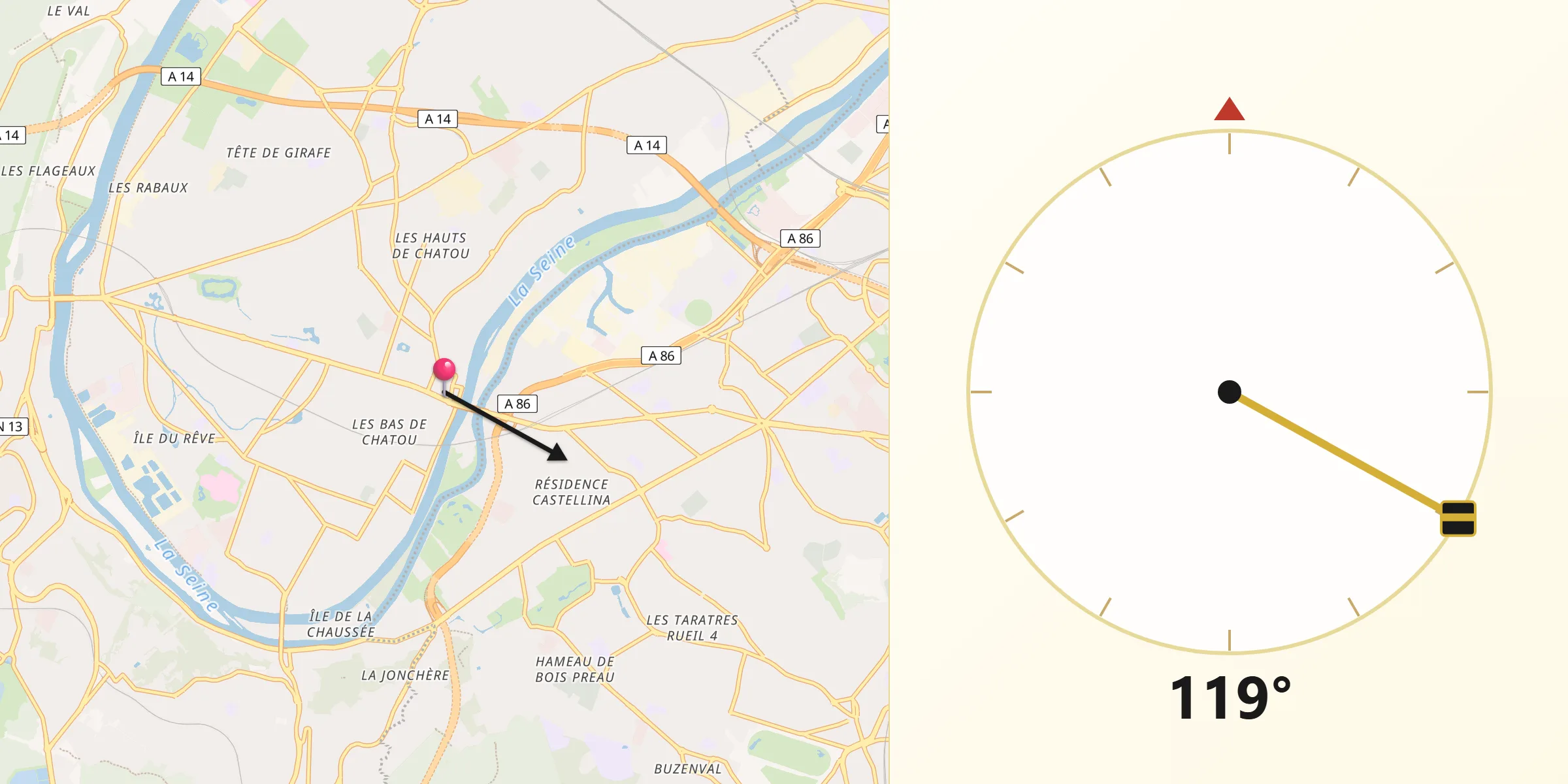Direction vers la Qibla depuis Chatou