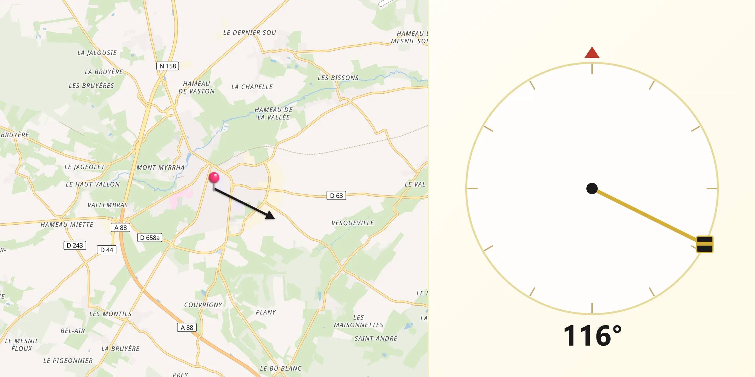 Direction vers la Qibla depuis Falaise
