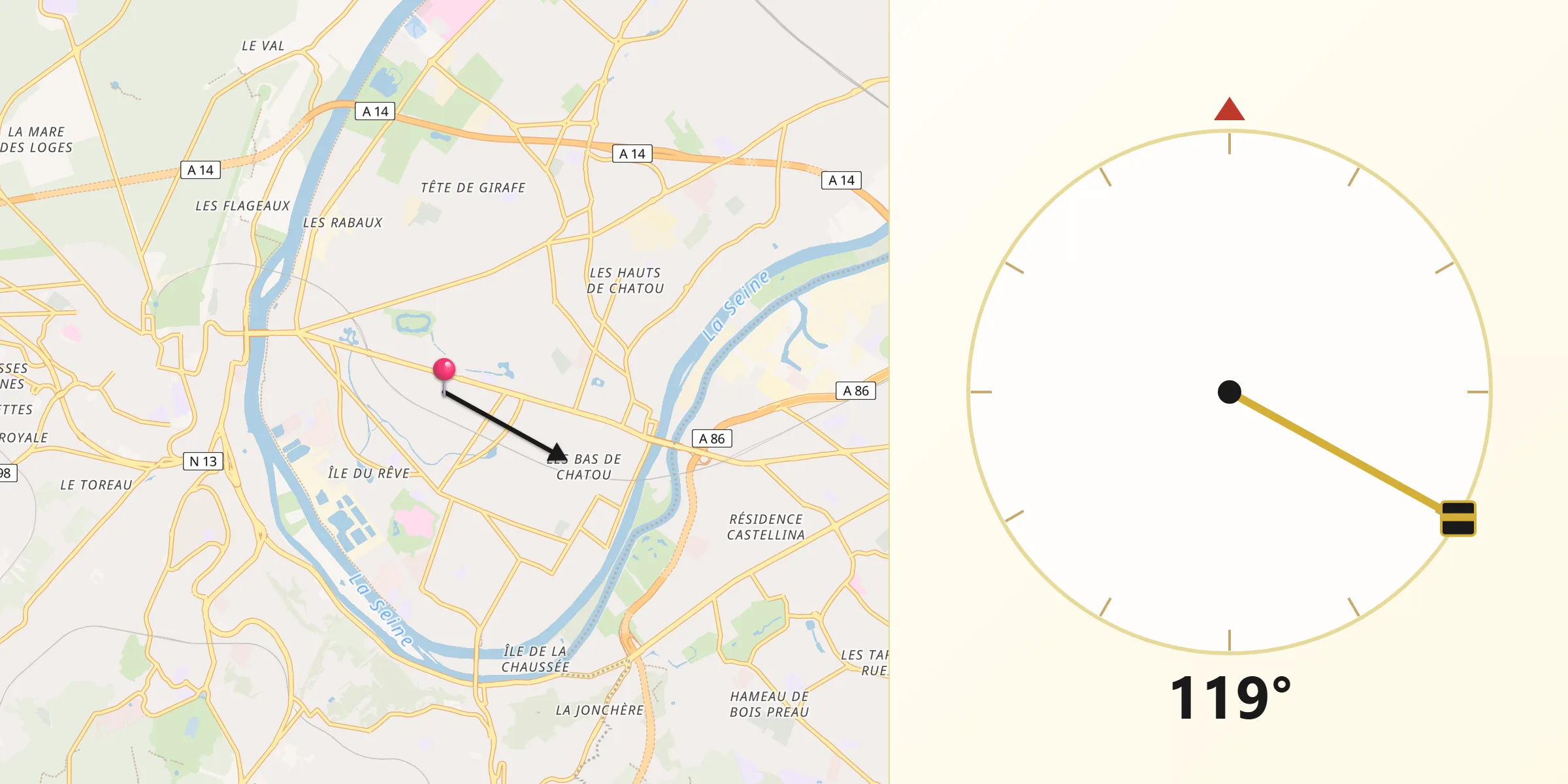Direction vers la Qibla depuis Le Vésinet