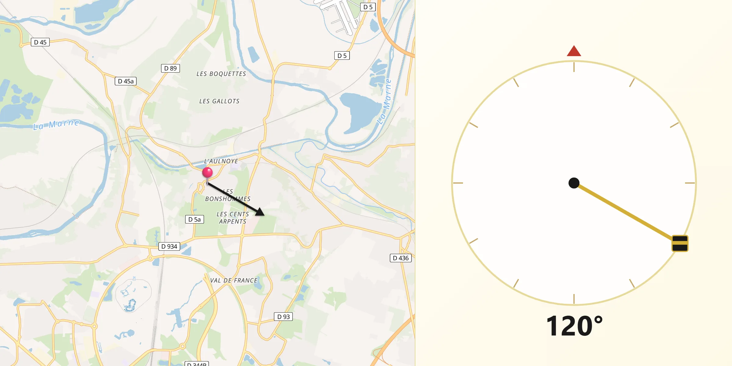 Direction vers la Qibla depuis Coupvray