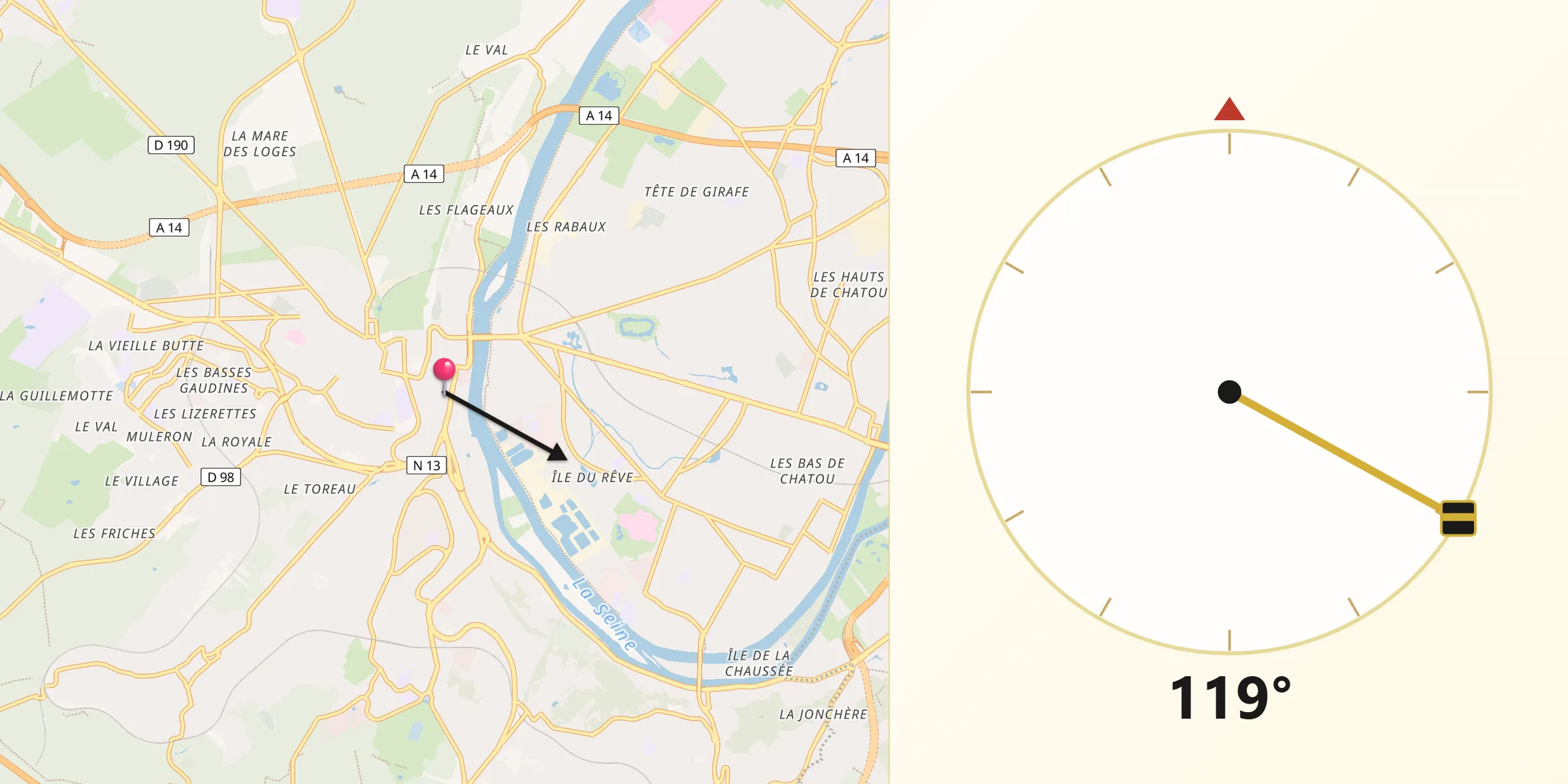 Direction vers la Qibla depuis Le Pecq