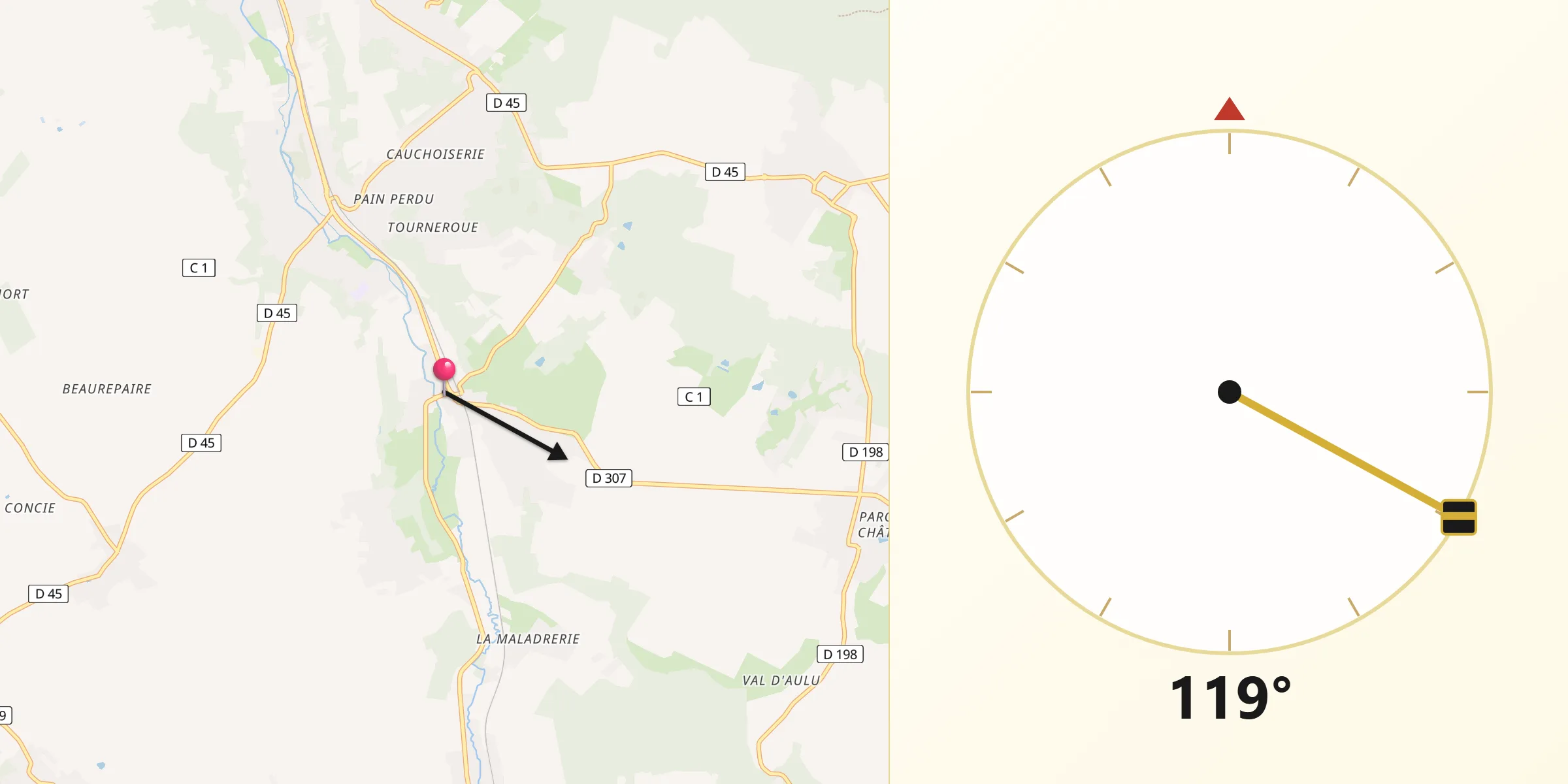 Direction vers la Qibla depuis Mareil-sur-Mauldre