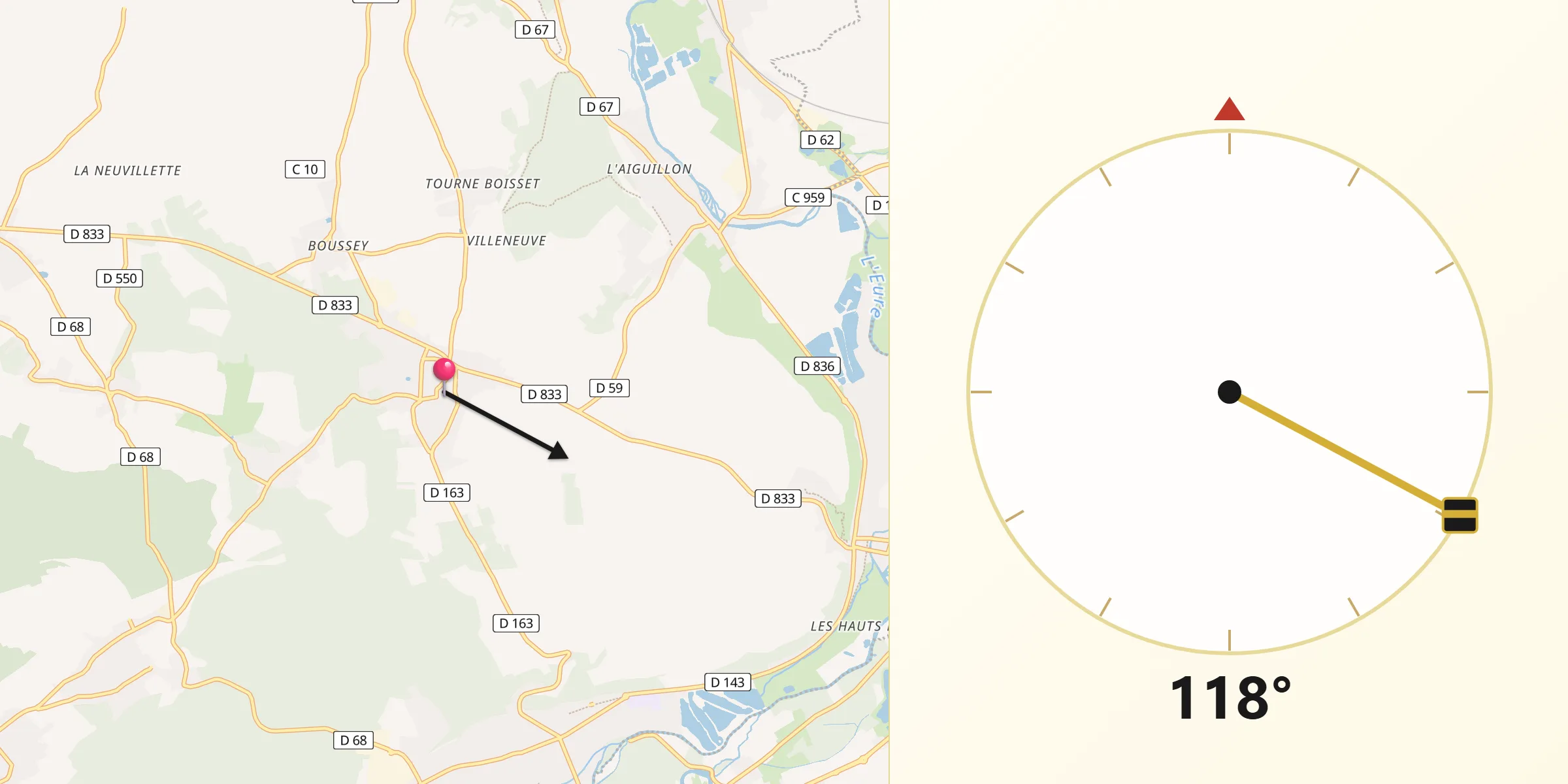 Direction vers la Qibla depuis La Couture-Boussey
