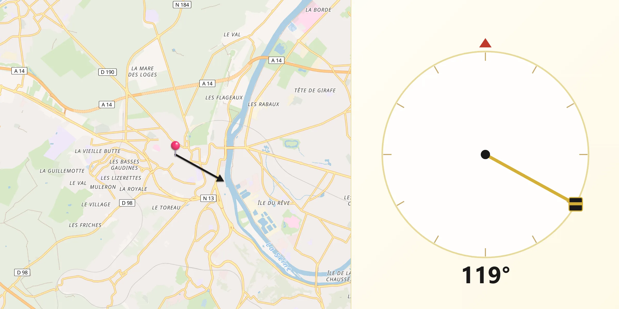 Direction vers la Qibla depuis Saint-Germain-en-Laye